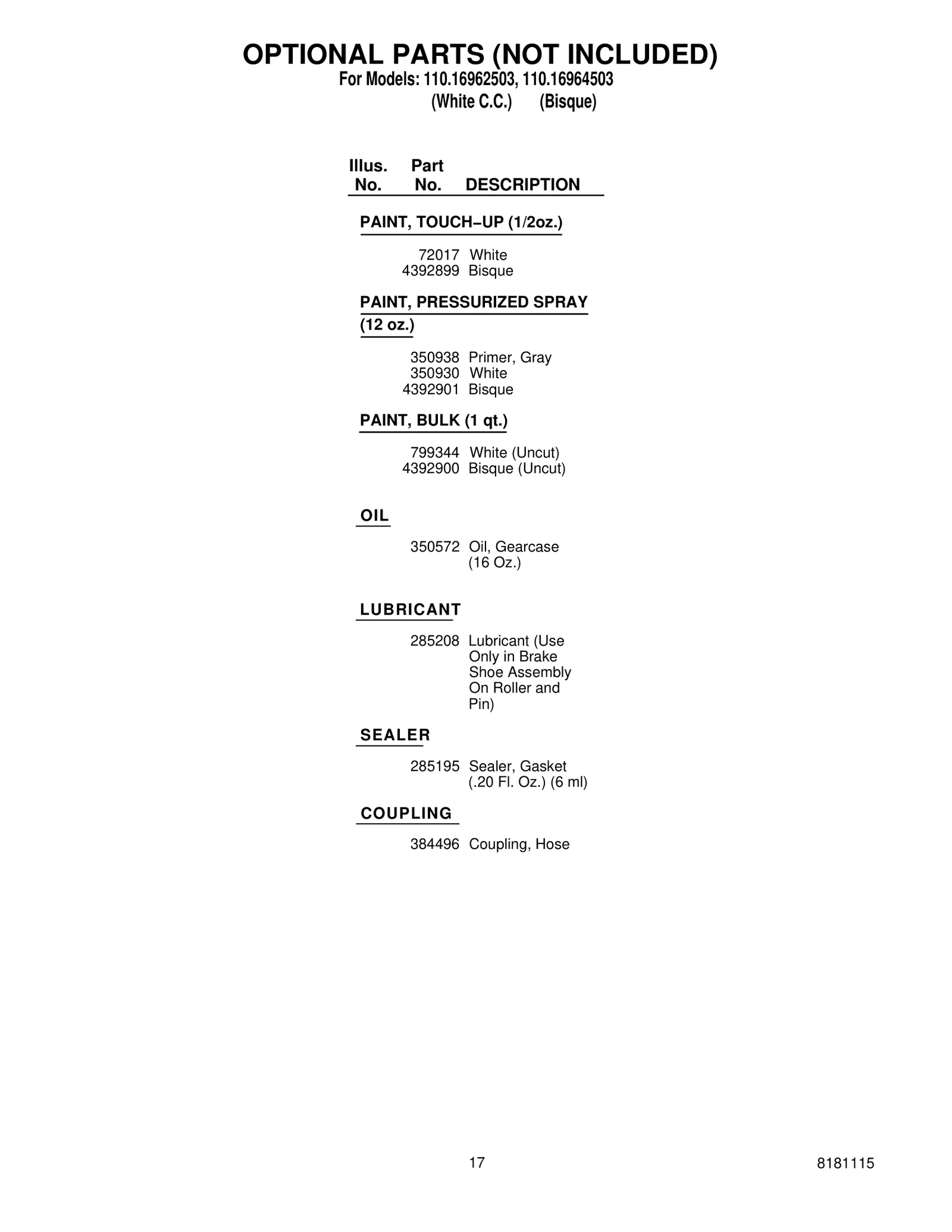 OPTIONAL PARTS (NOT INCLUDED)