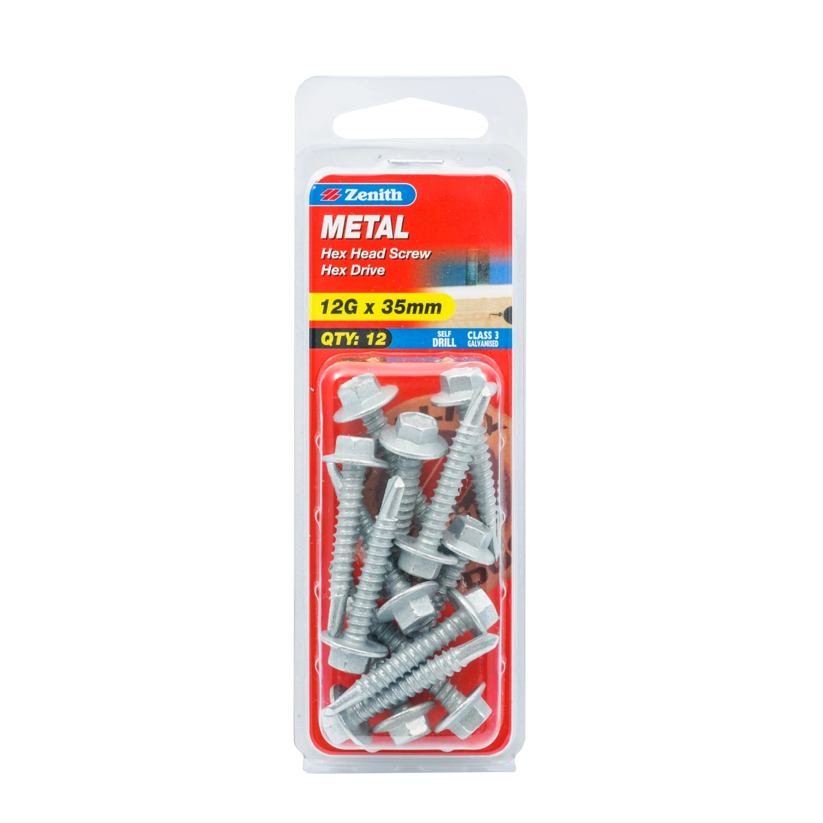 ZENITH® 12G x 35mm Class 3 Galvanised, Self Drilling, External Hex Drive, Metal Screws – External Use – 12 Pack