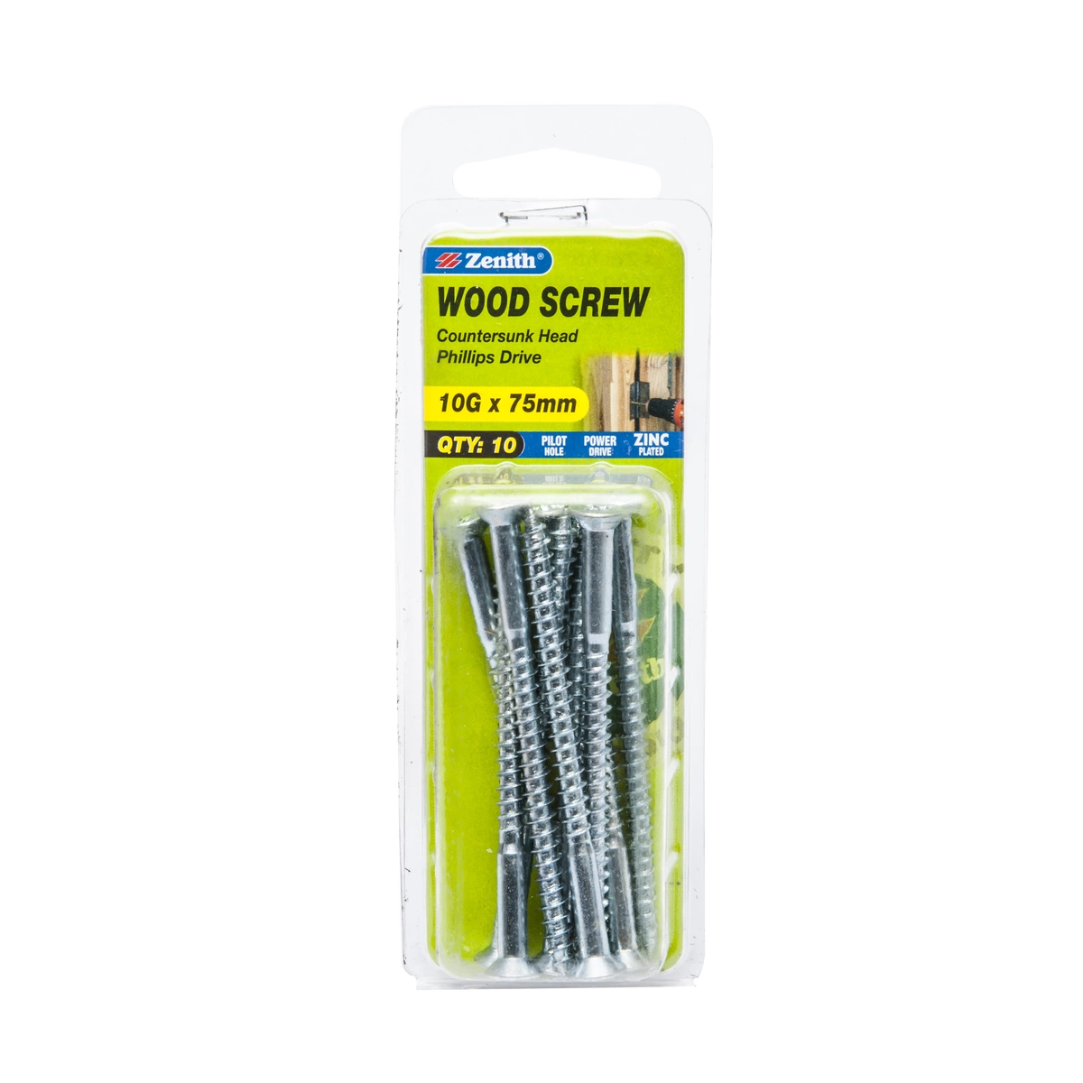 ZENITH® 10G x 75mm Zinc Plated, Phillips Drive, Timber Screws – Internal Use – 10 Pack