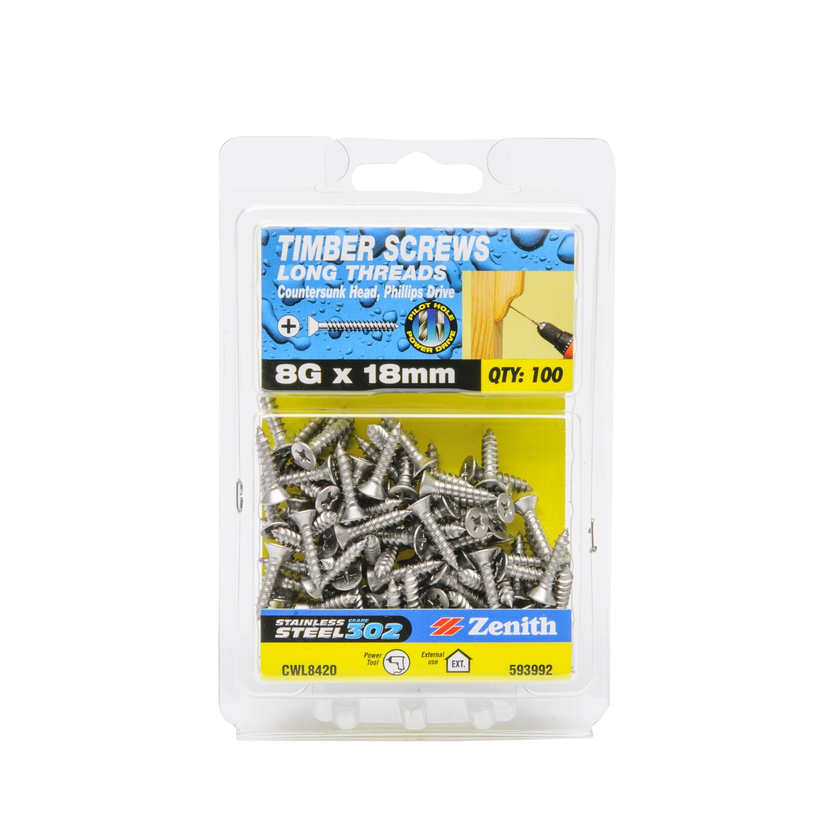ZENITH® 8G x 18mm 304 Stainless Steel, Phillips Drive, Timber Screws – External Use – 100 Pack