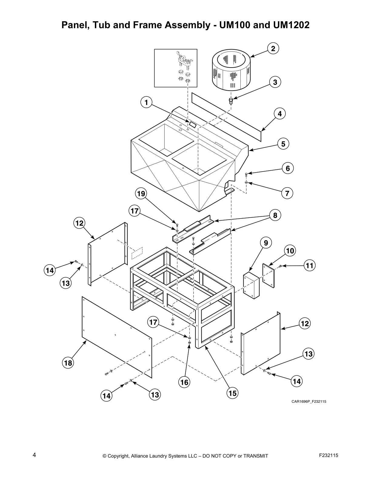 Panel, Tub and Frame Assembly - UM100 and UM1202