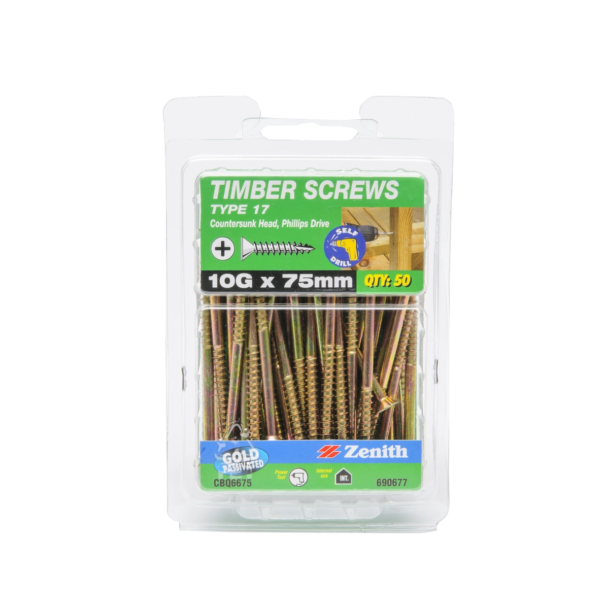 ZENITH® 10G x 75mm Gold Passivated, Phillips Drive, Timber Screws – Internal Use – 50 Pack