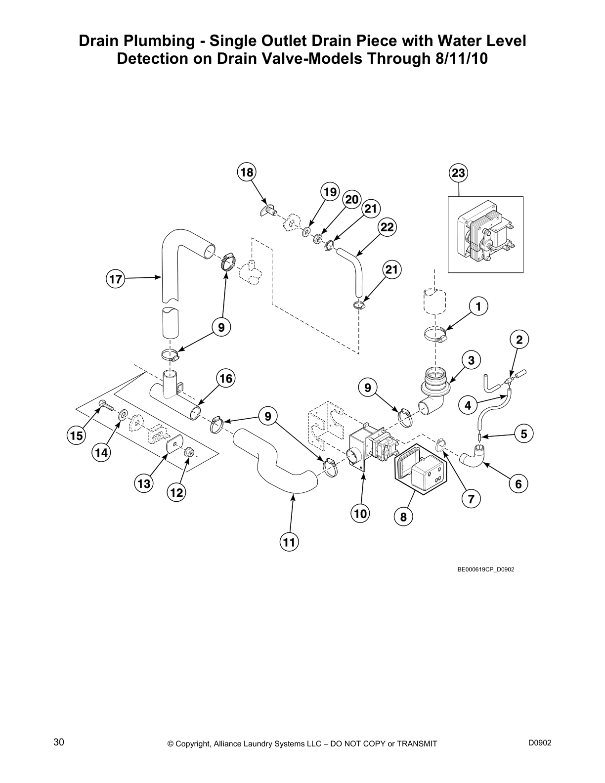Drain Plumbing - Single Outlet Drain Piece with Water Level
Detection on Drain Valve-Models Through 8/11/10