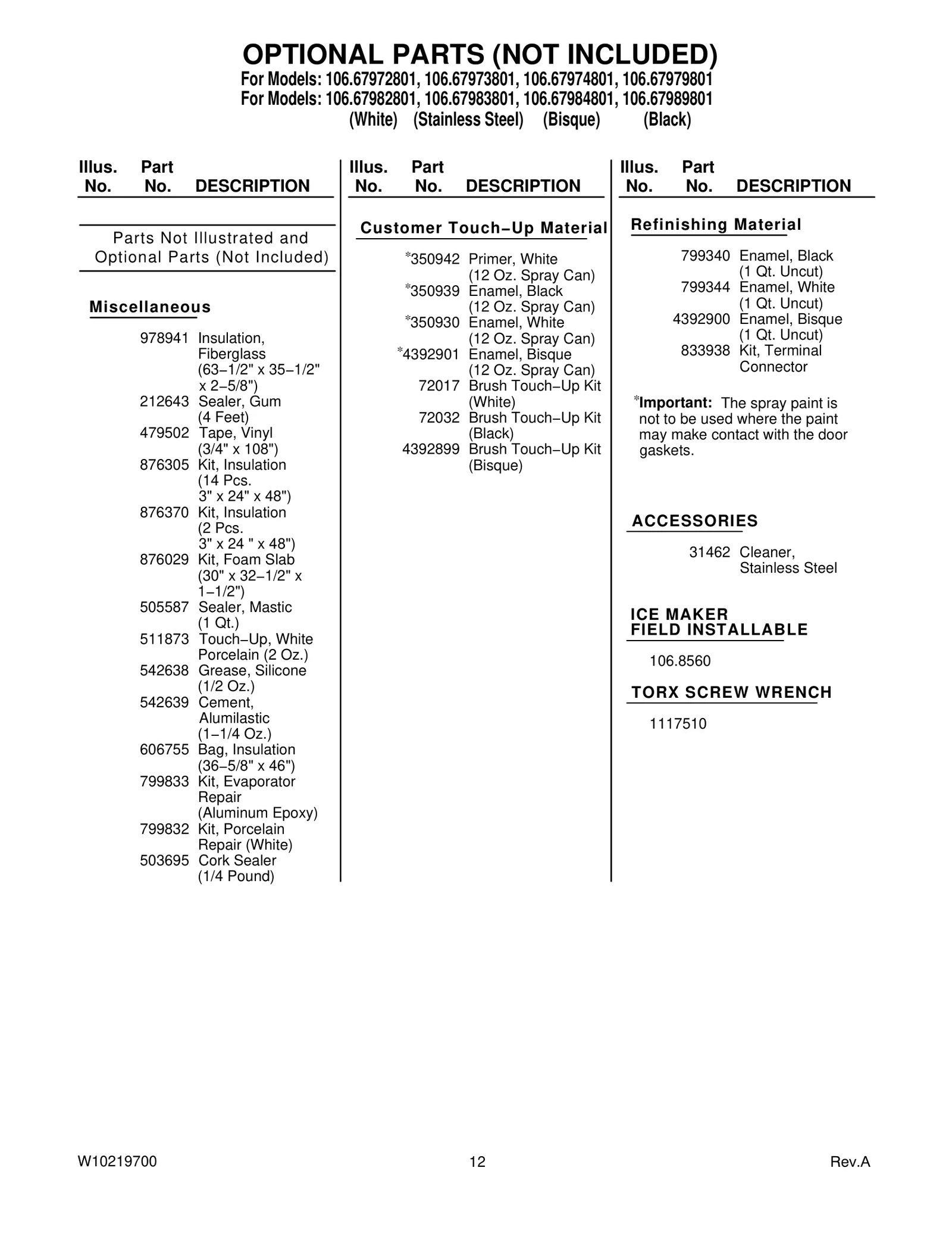 OPTIONAL PARTS (NOT INCLUDED)