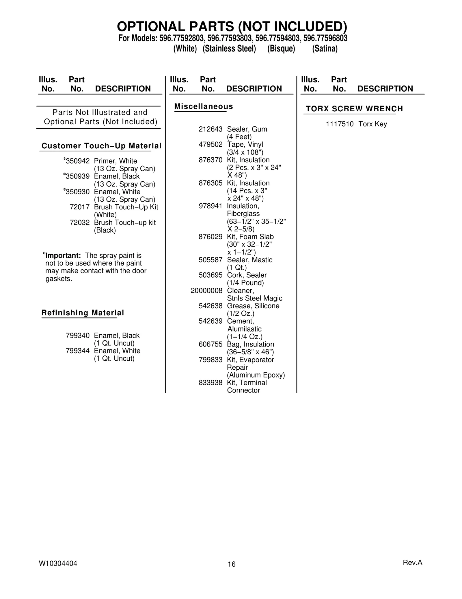 OPTIONAL PARTS (NOT INCLUDED)