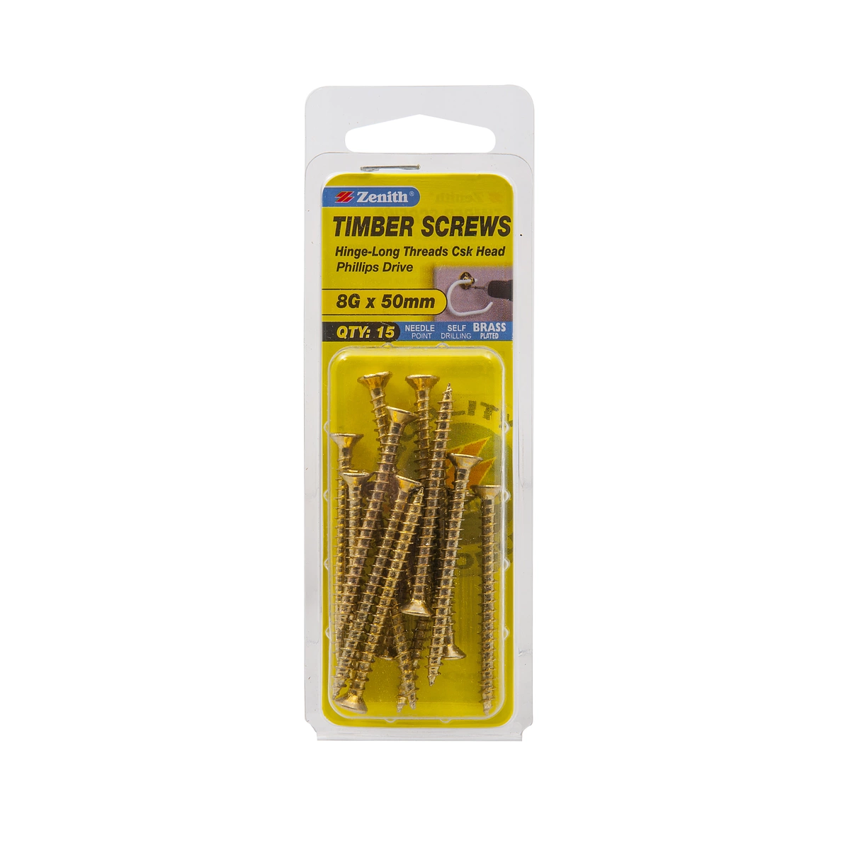 ZENITH® 8G x 50mm Brass Plated, Phillips Drive, Timber Screws – Internal Use – 15 Pack