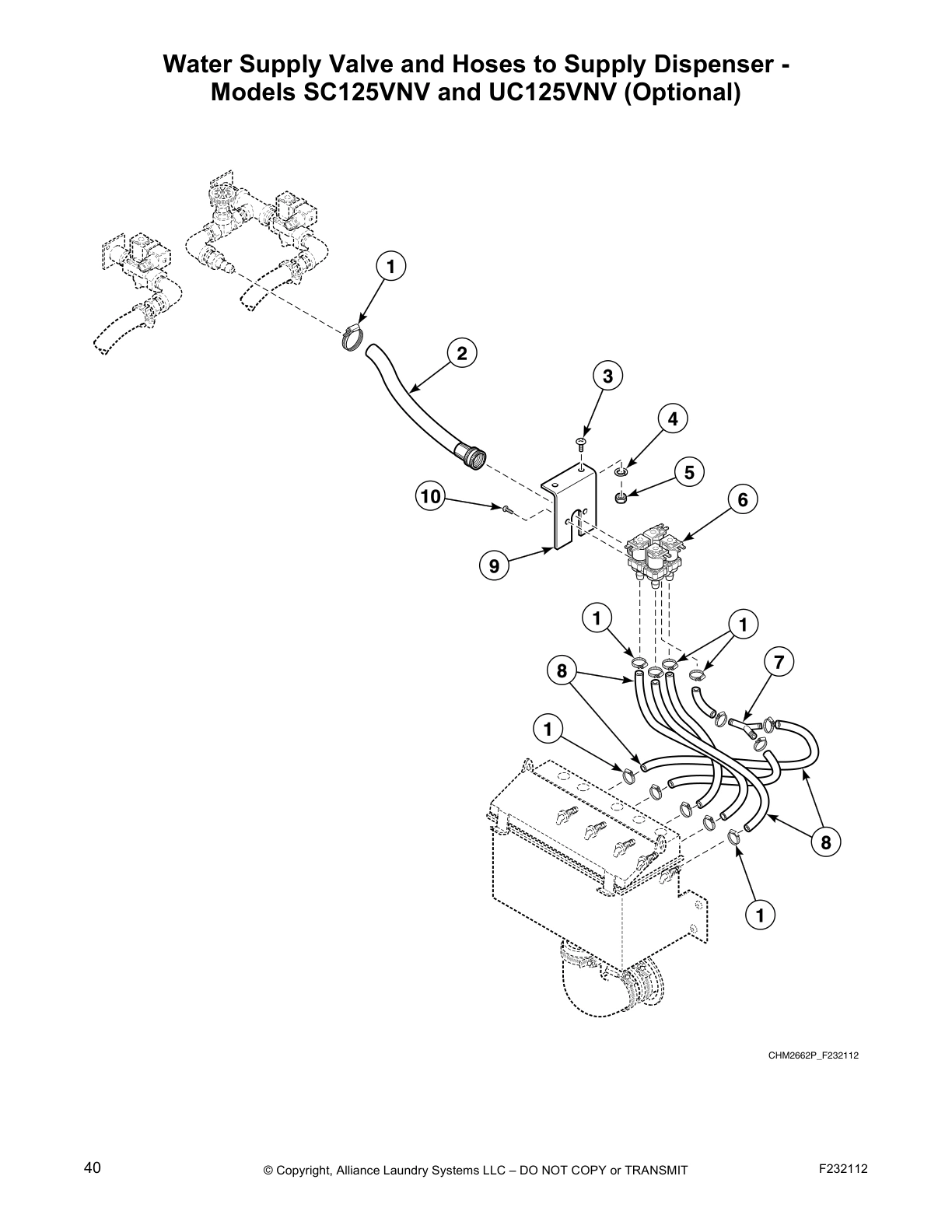 Water Supply Valve and Hoses to Supply Dispenser - 
Models SC125VNV and UC125VNV (Optional)