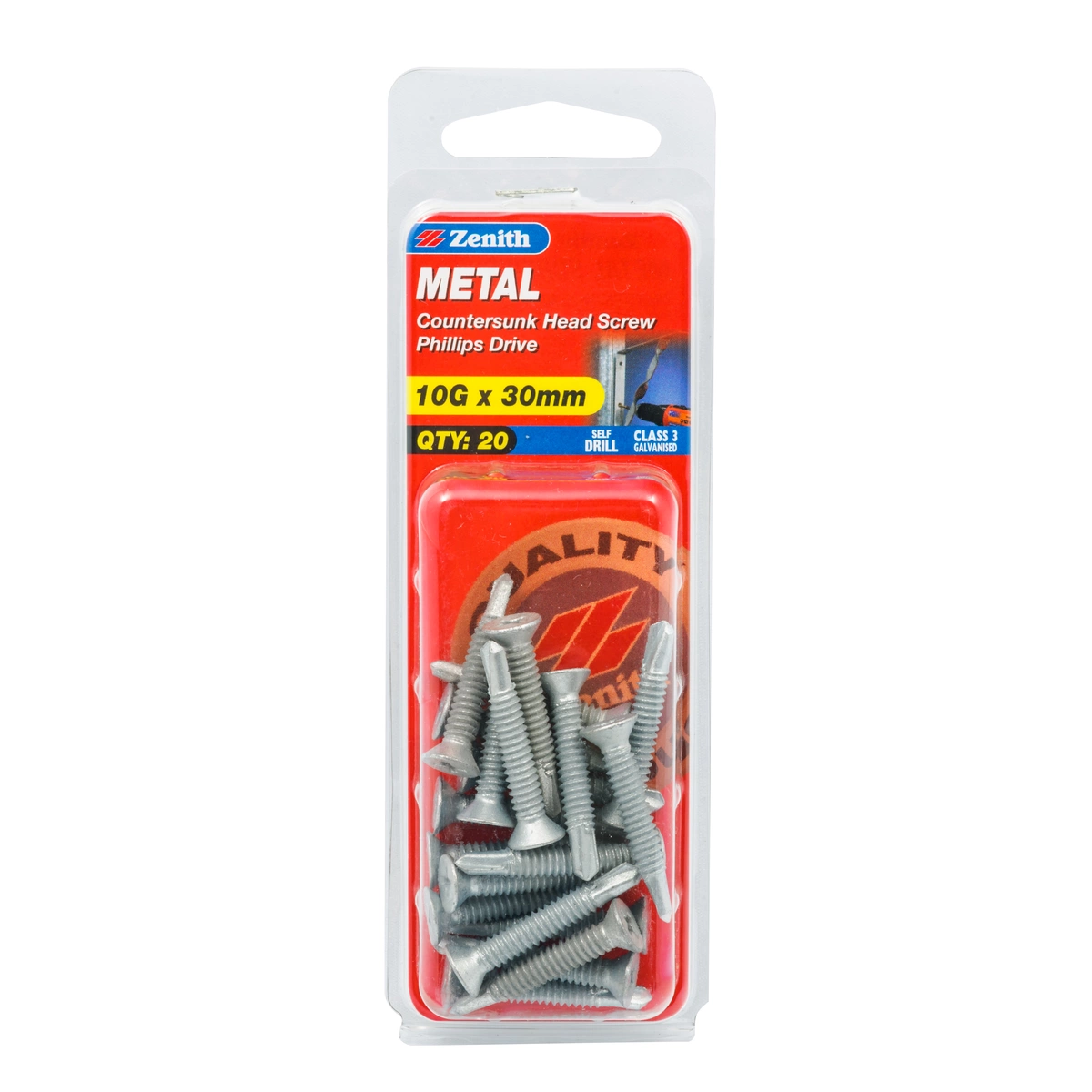 ZENITH® 10G x 30mm Class 3 Galvanised, Self Drilling, Phillips Drive, Countersunk Head, Metal Screws – External Use – 20 Pack