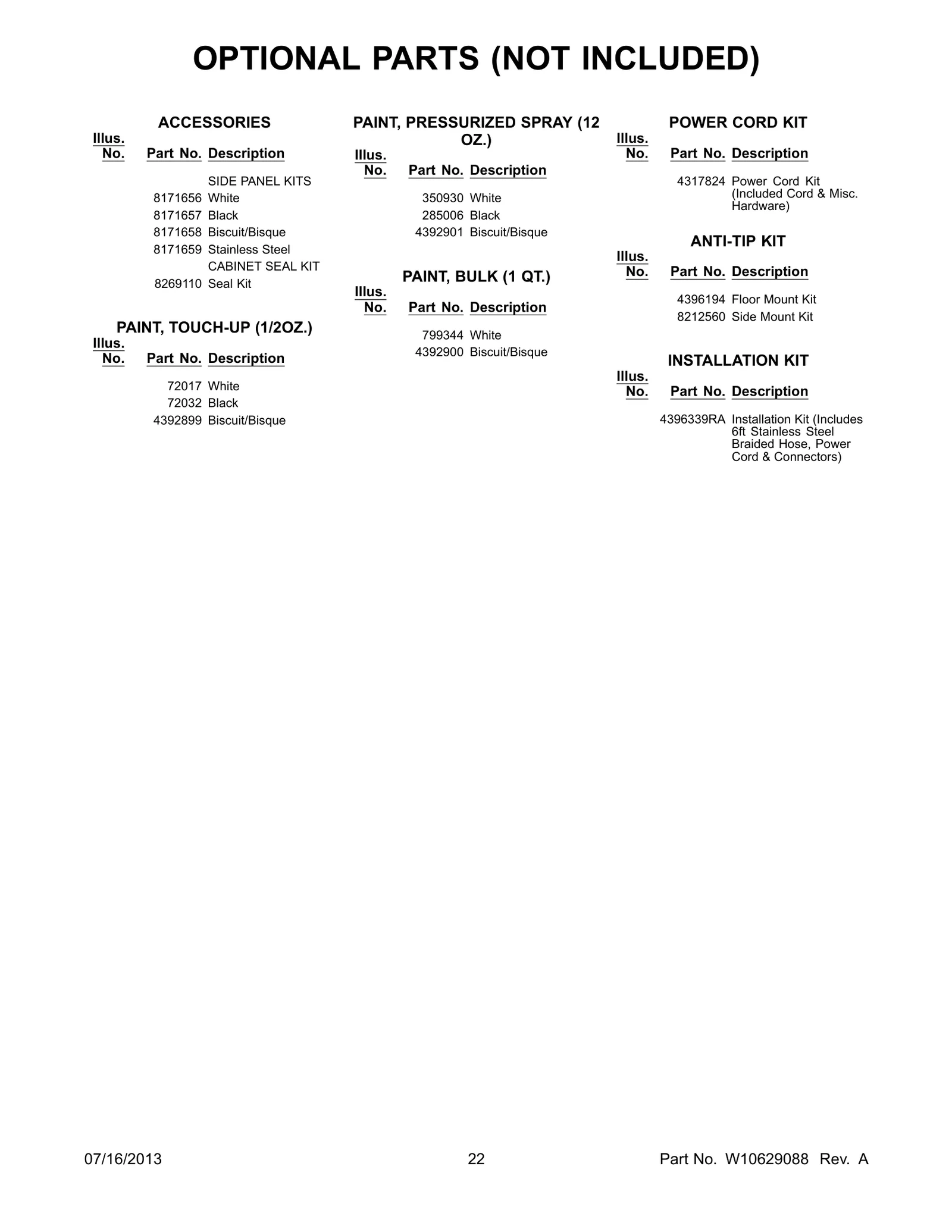 OPTIONAL PARTS (NOT INCLUDED)