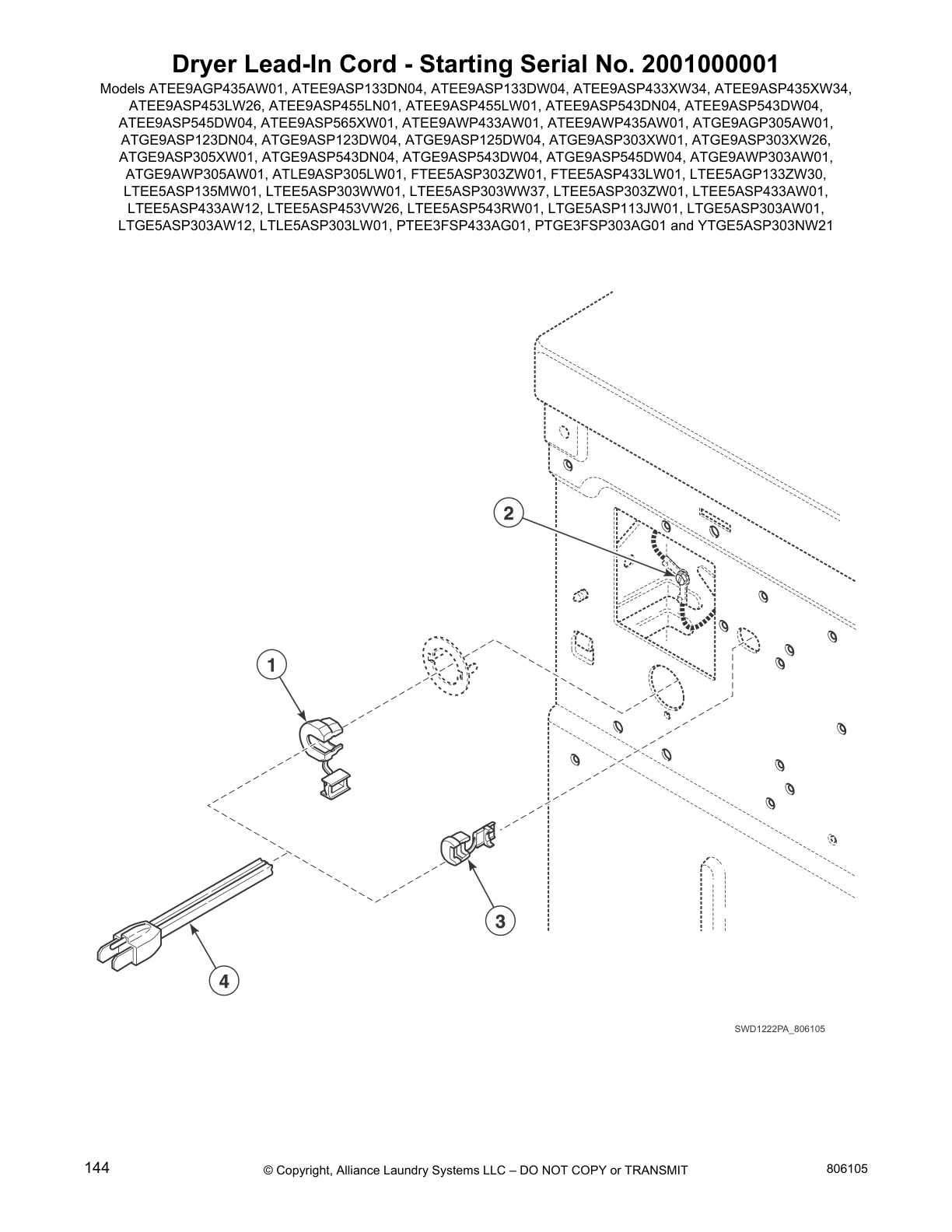 Dryer Lead-In Cord - Starting Serial No. 2001000001