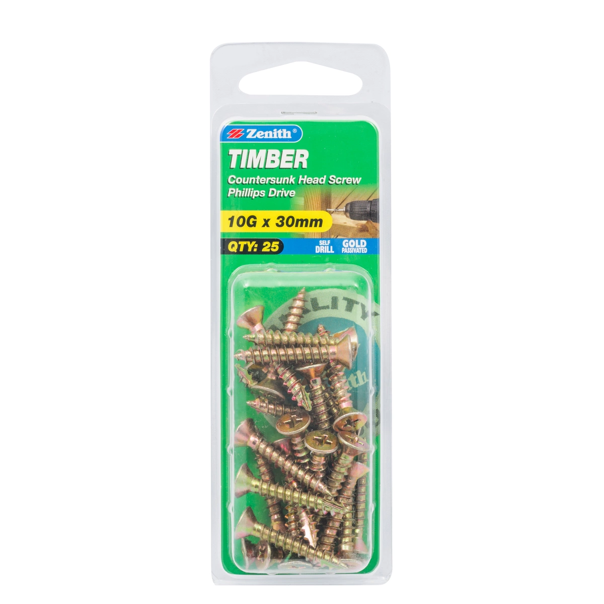 ZENITH® 10G x 30mm Gold Passivated, Phillips Drive, Timber Screws – Internal Use – 25 Pack