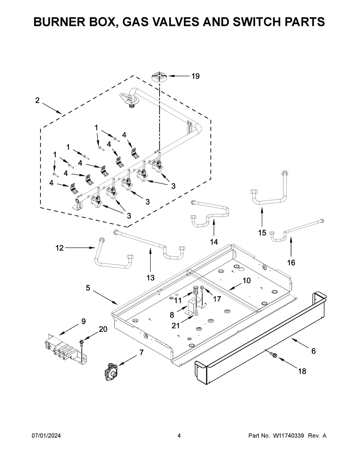 03 - BURNER BOX, GAS VALVES AND SWITCH PARTS