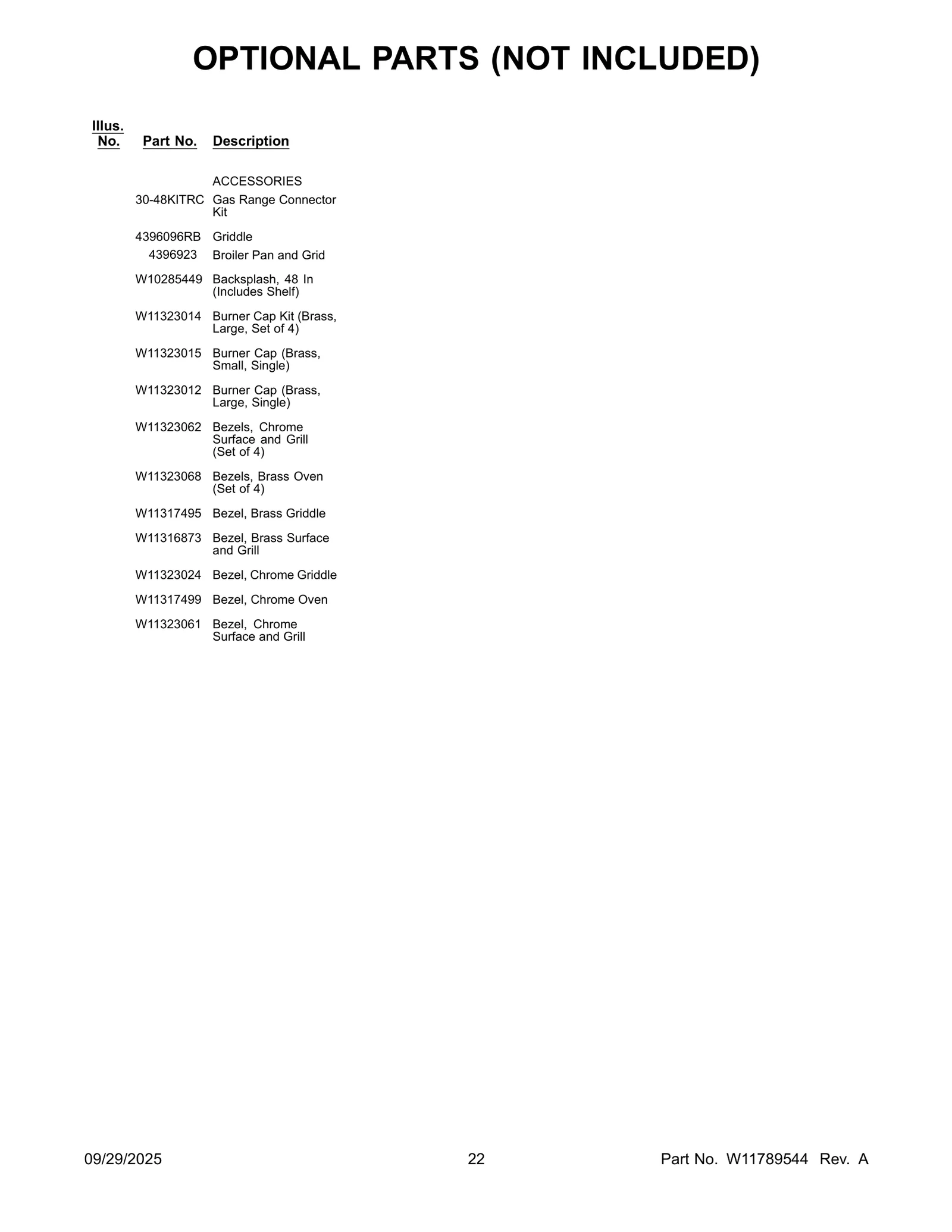 OPTIONAL PARTS (NOT INCLUDED)