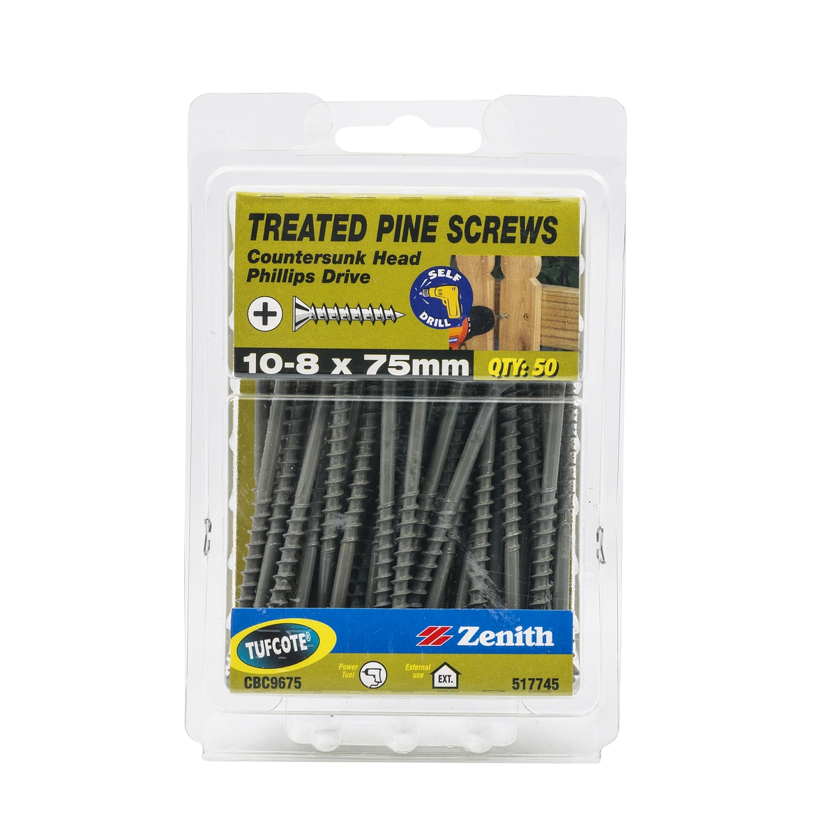 ZENITH® 10G x 75mm TUFCOTE®, Phillips Drive, Treated Pine Screws – External Use – 50 Pack
