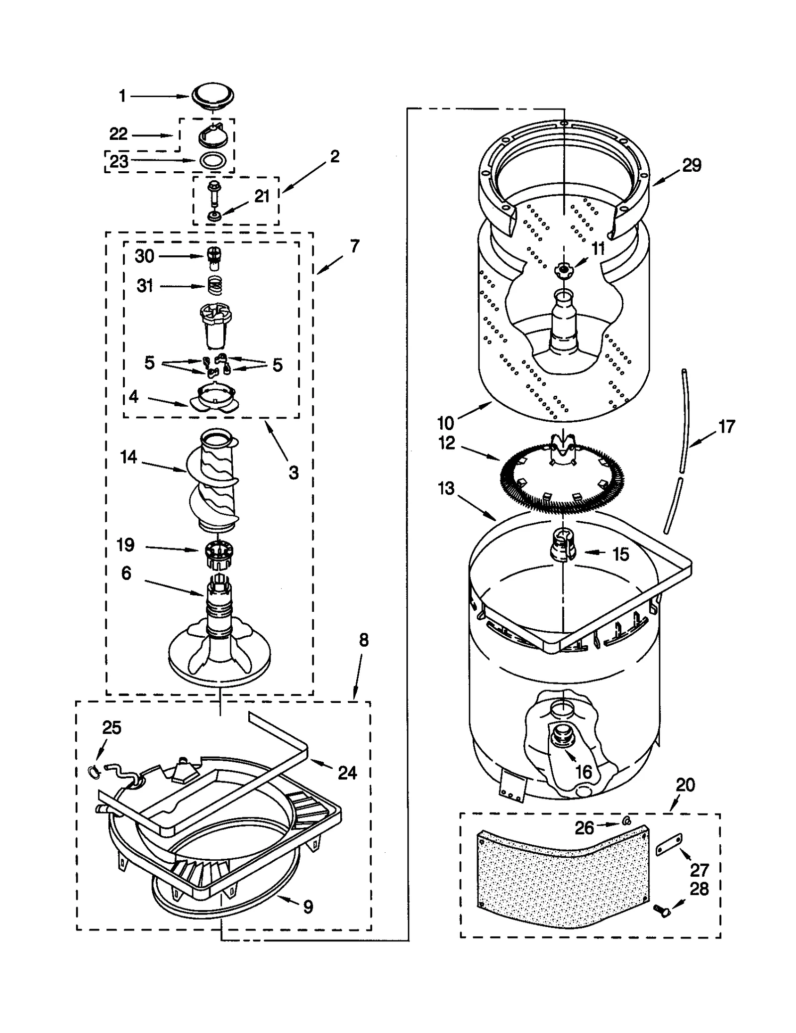 AGITATOR, BASKET AND TUB