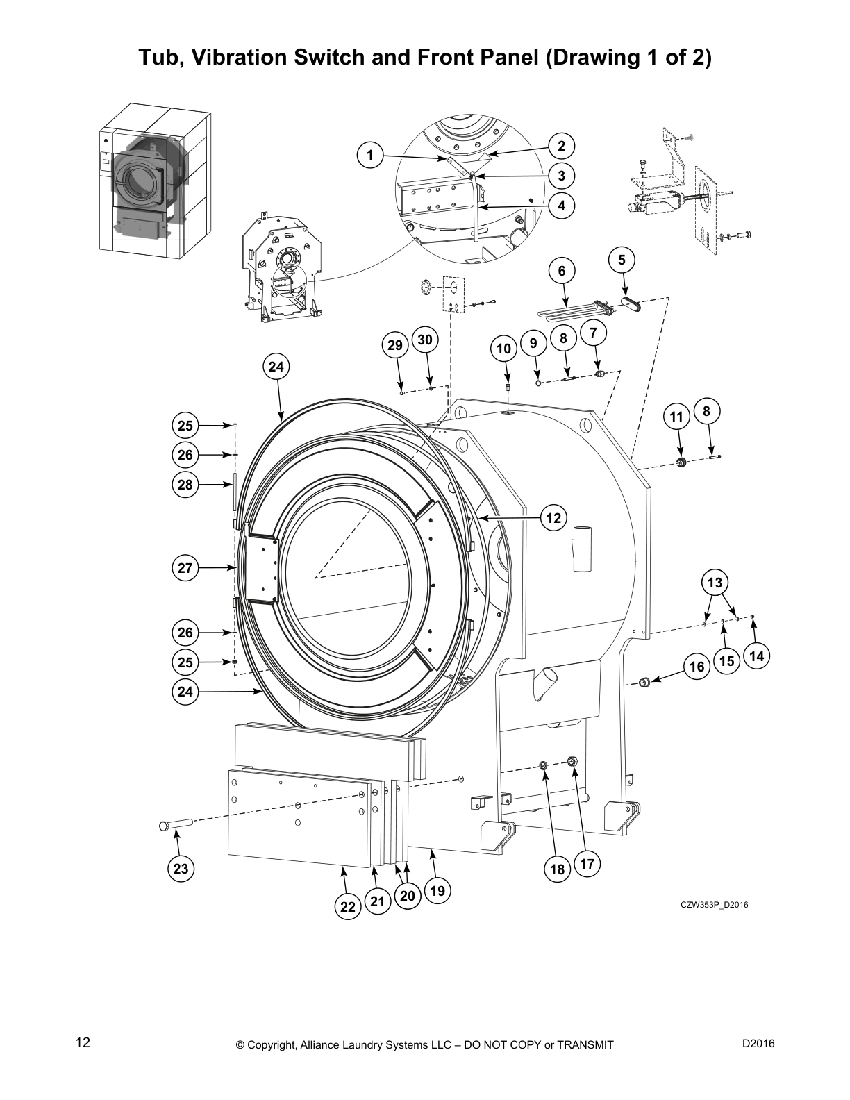 Tub, Vibration Switch and Front Panel (Drawing 1 of 2)