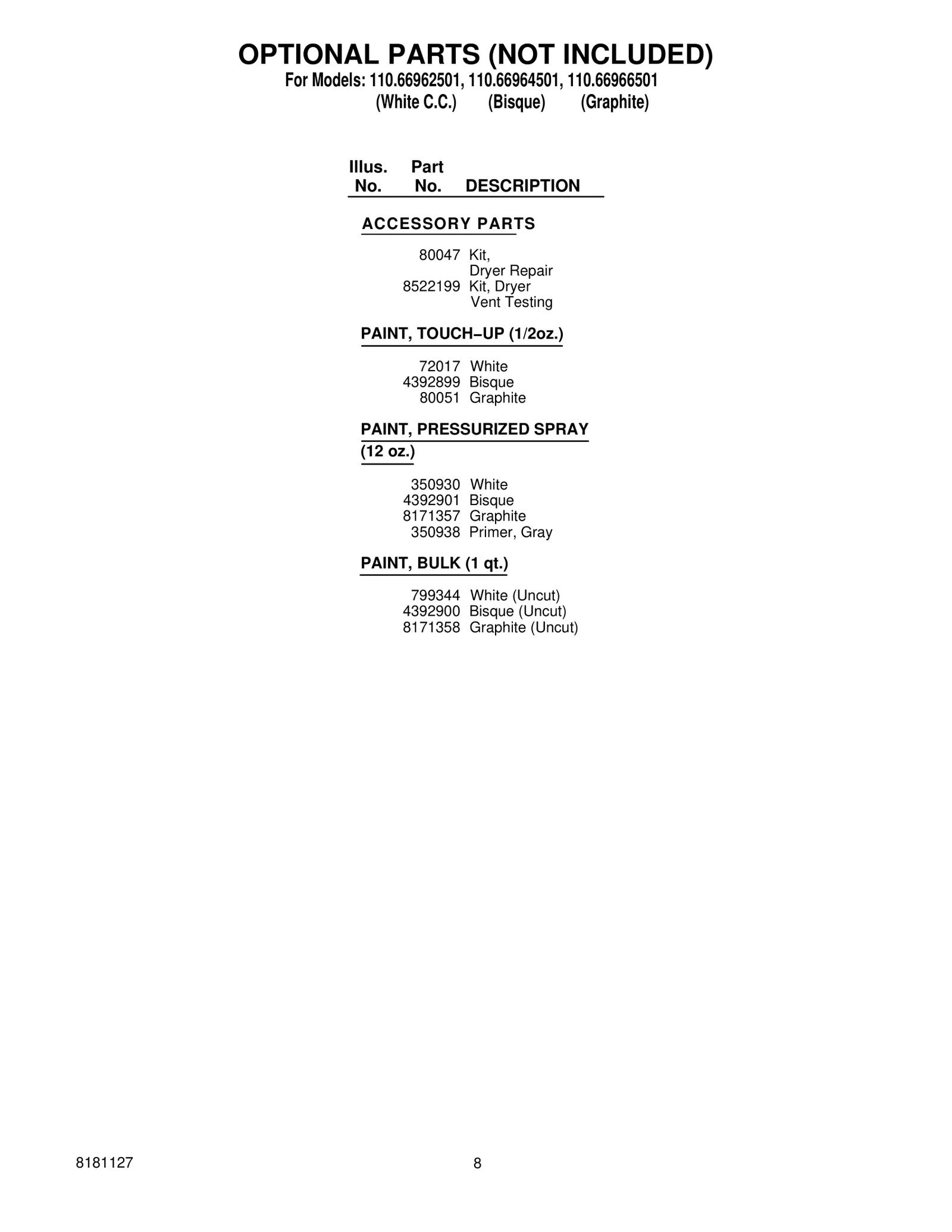 OPTIONAL PARTS (NOT INCLUDED)