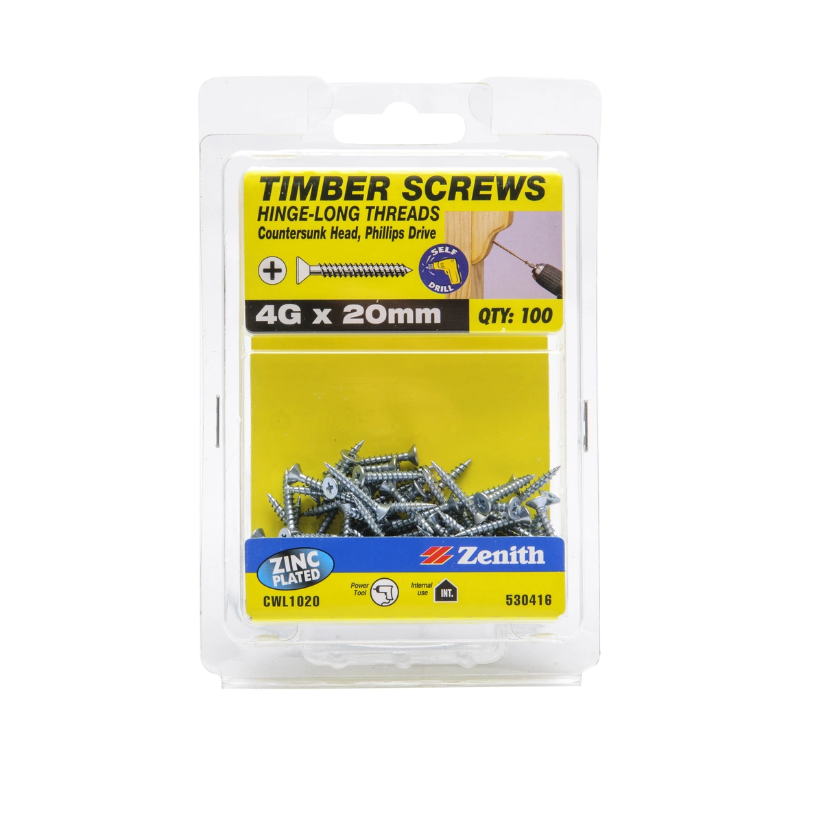ZENITH® 4G x 20mm Zinc Plated, Phillips Drive, Timber Screws – Internal Use – 100 Pack