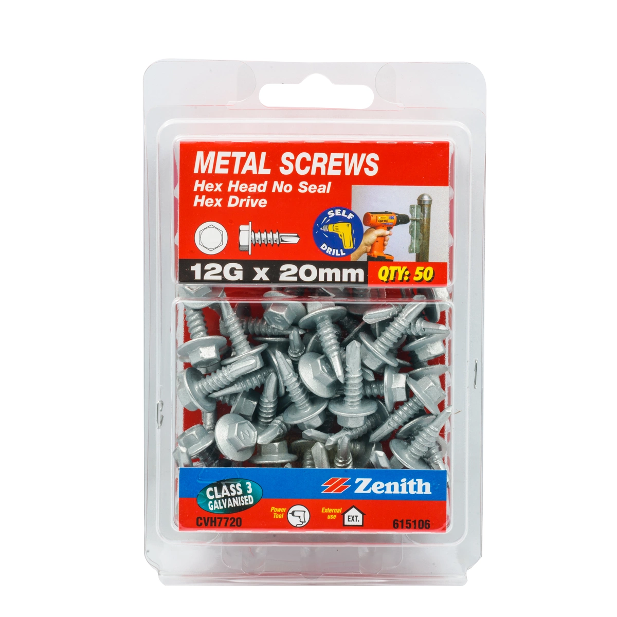 ZENITH® 12G x 20mm Class 3 Galvanised, Self Drilling, External Hex Drive, Metal Screws – External Use – 50 Pack