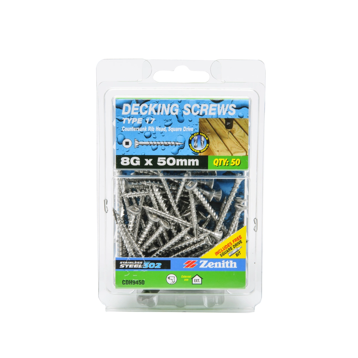 ZENITH® 8G x 50mm 304 Stainless Steel, Square Drive, Decking Screws – External Use – 50 Pack