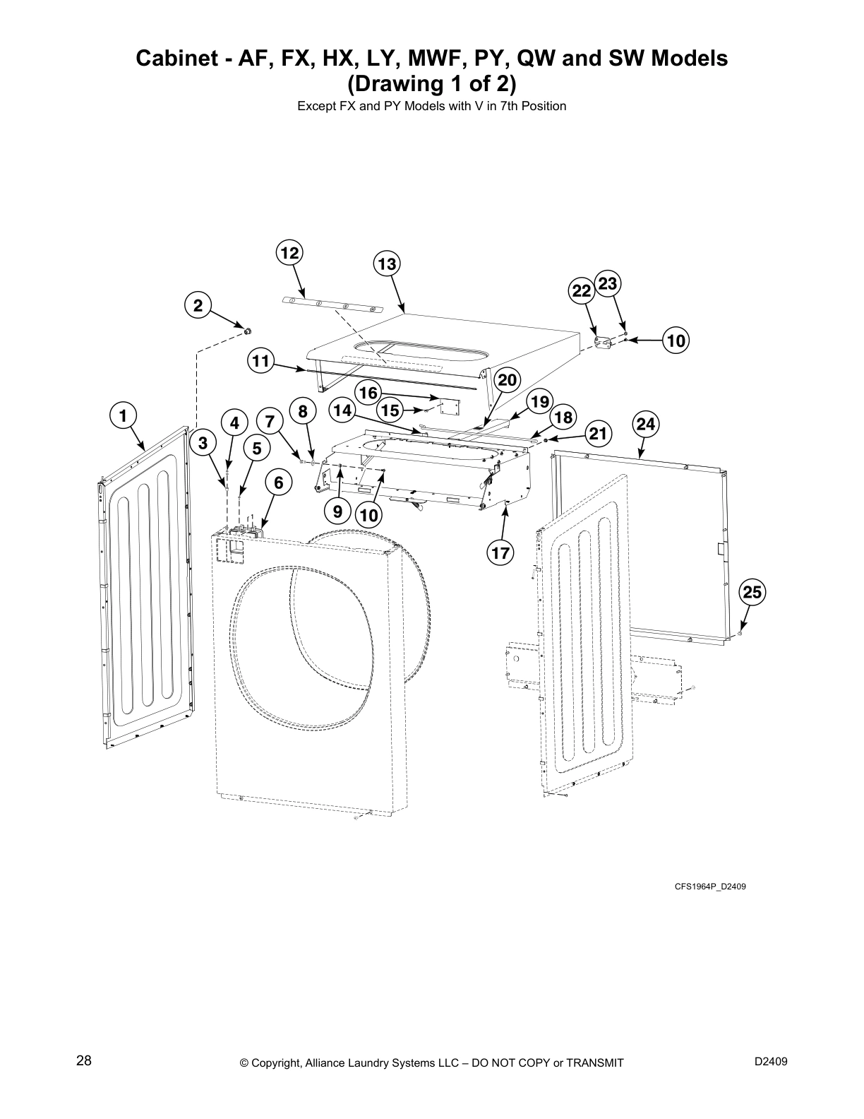 Cabinet - AF, FX, HX, LY, MWF, PY, QW and SW Models
(Drawing 1 of 2)