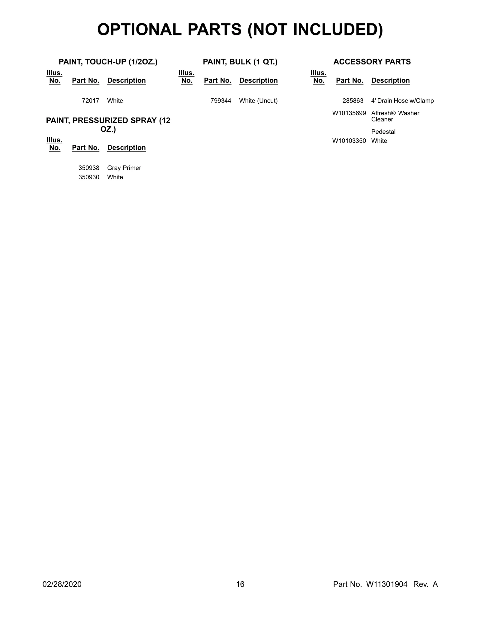 OPTIONAL PARTS (NOT INCLUDED)