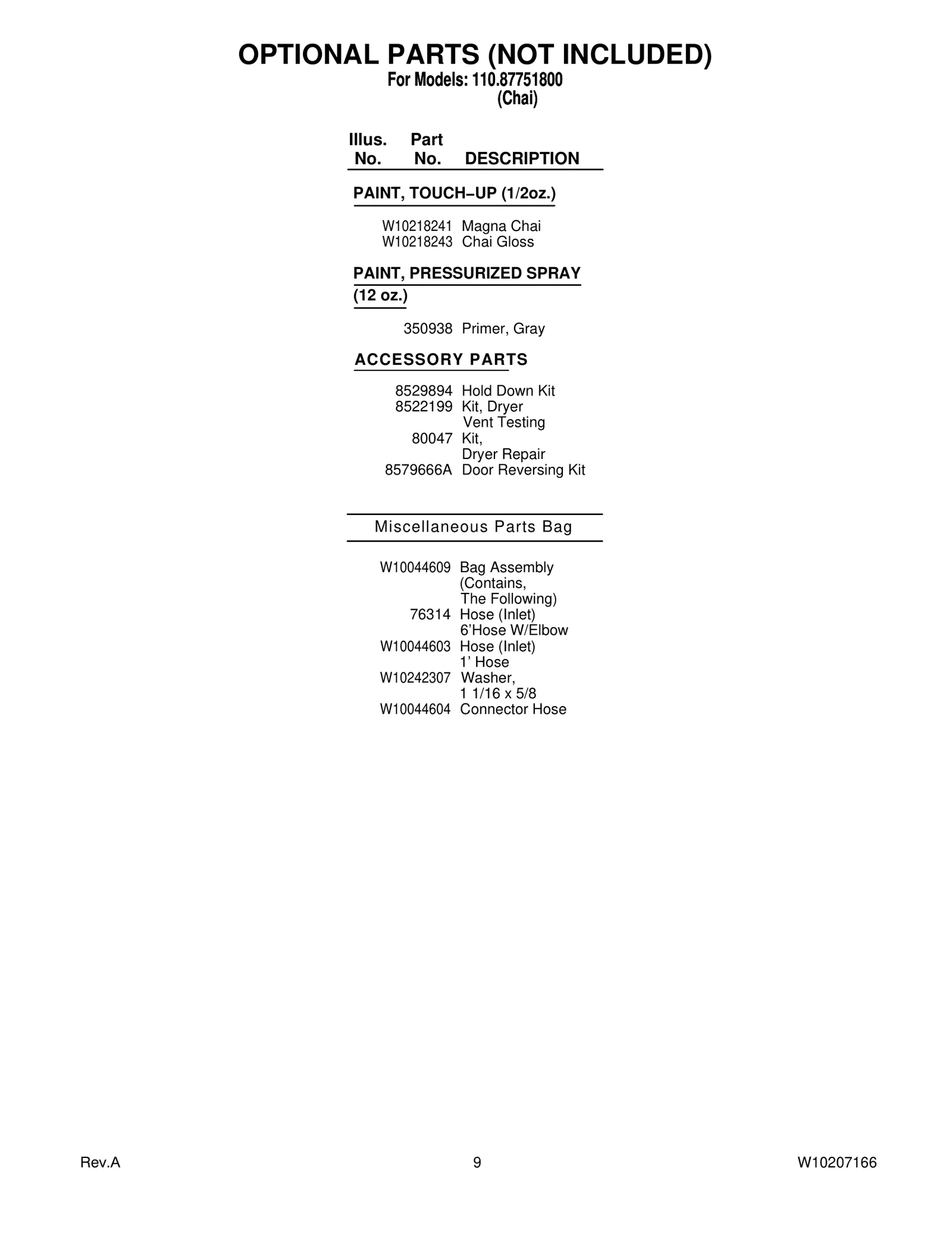 OPTIONAL PARTS (NOT INCLUDED)