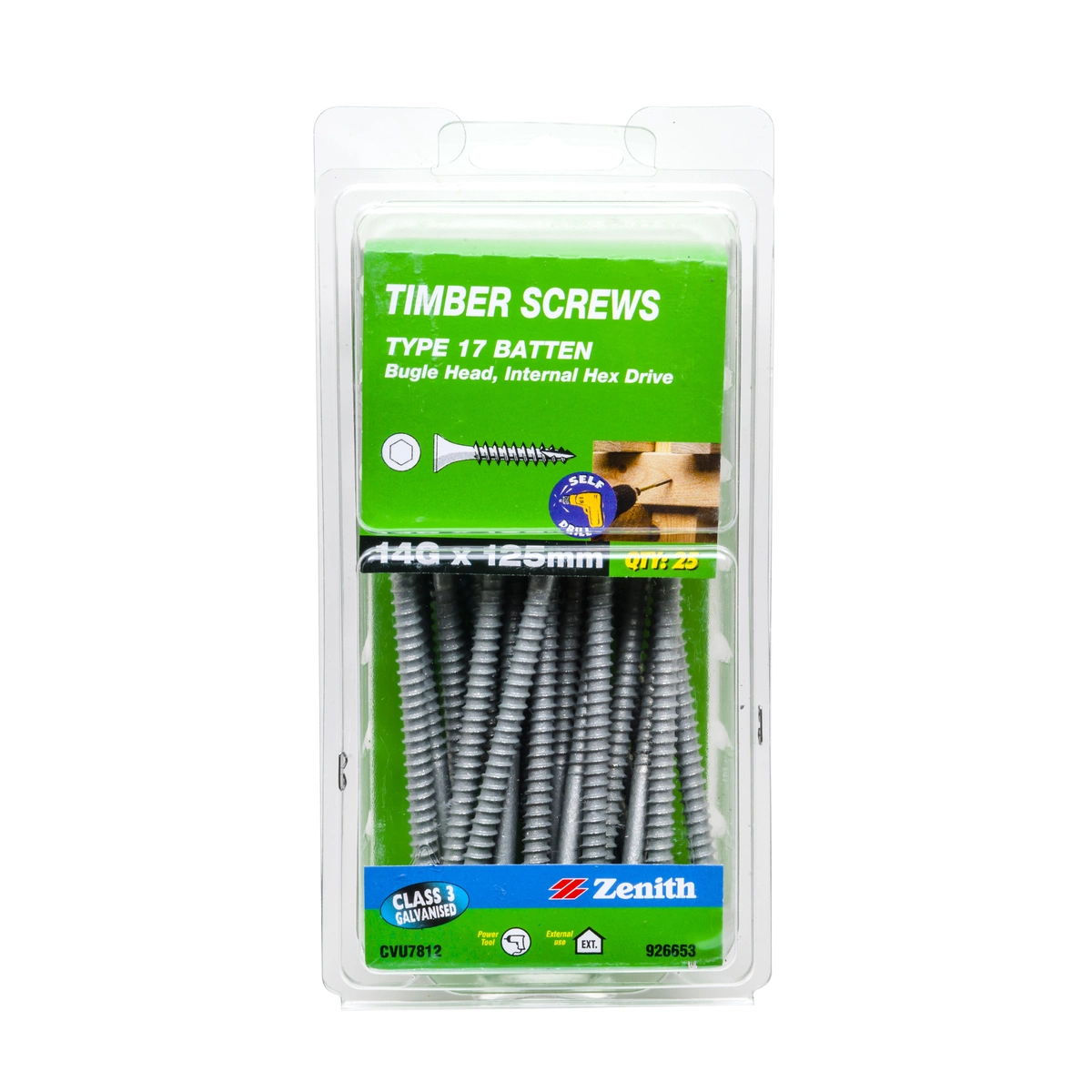 ZENITH® 14G x 125mm Class 3 Galvanised, Self Drilling, Internal Hex Drive, Bugle Batten Screws – External Use – 25 Pack