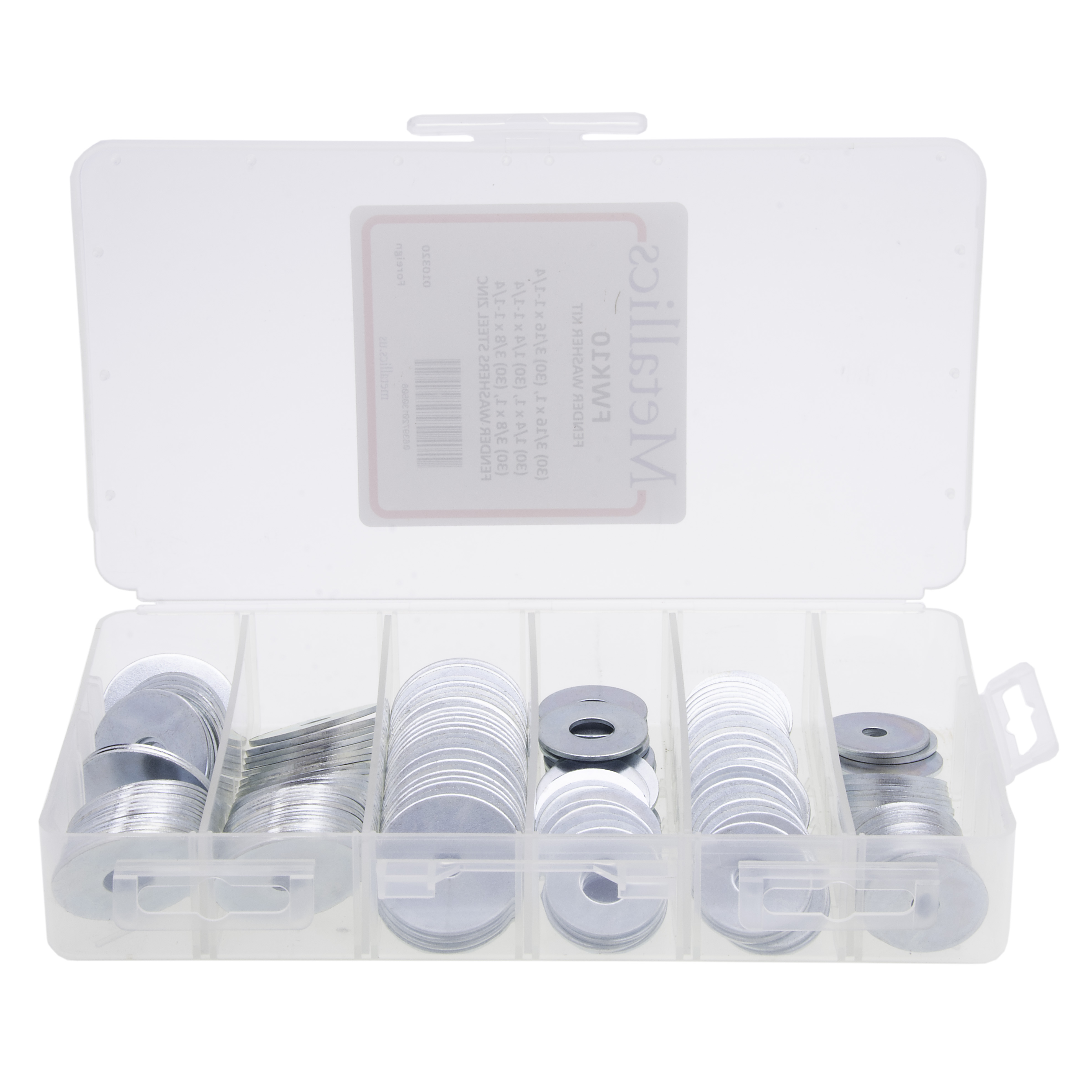 Split Lock Washer kit, 6 sizes, Steel, Zinc Chromate finish, Fender washer type, 180 pieces