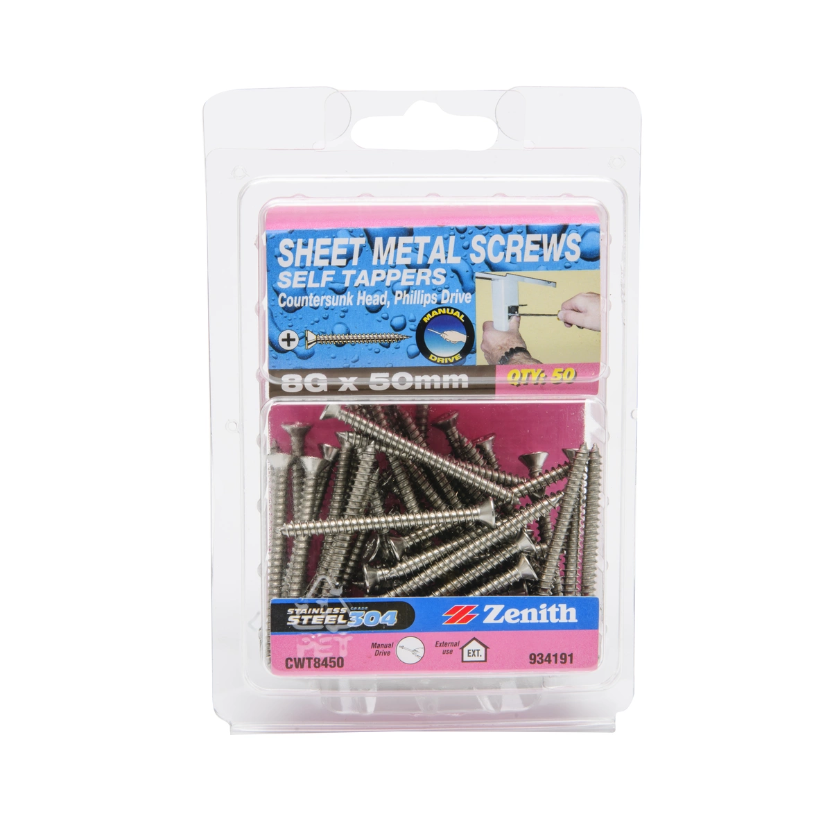 ZENITH® 8G x 50mm 304 Stainless Steel, Self Tapping, Phillips Drive, Sheet Metal Screws – External Use – 50 Pack