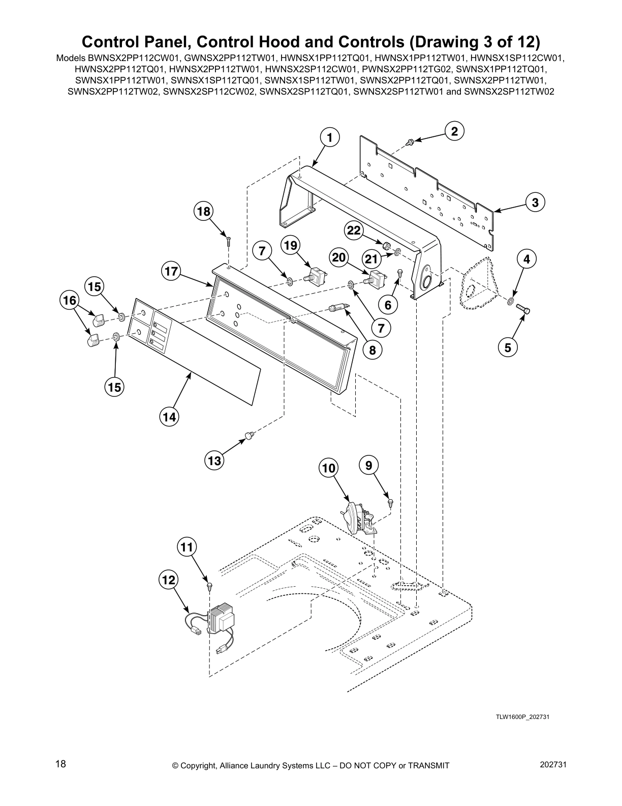 Control Panel, Control Hood and Controls (Drawing 3 of 12)