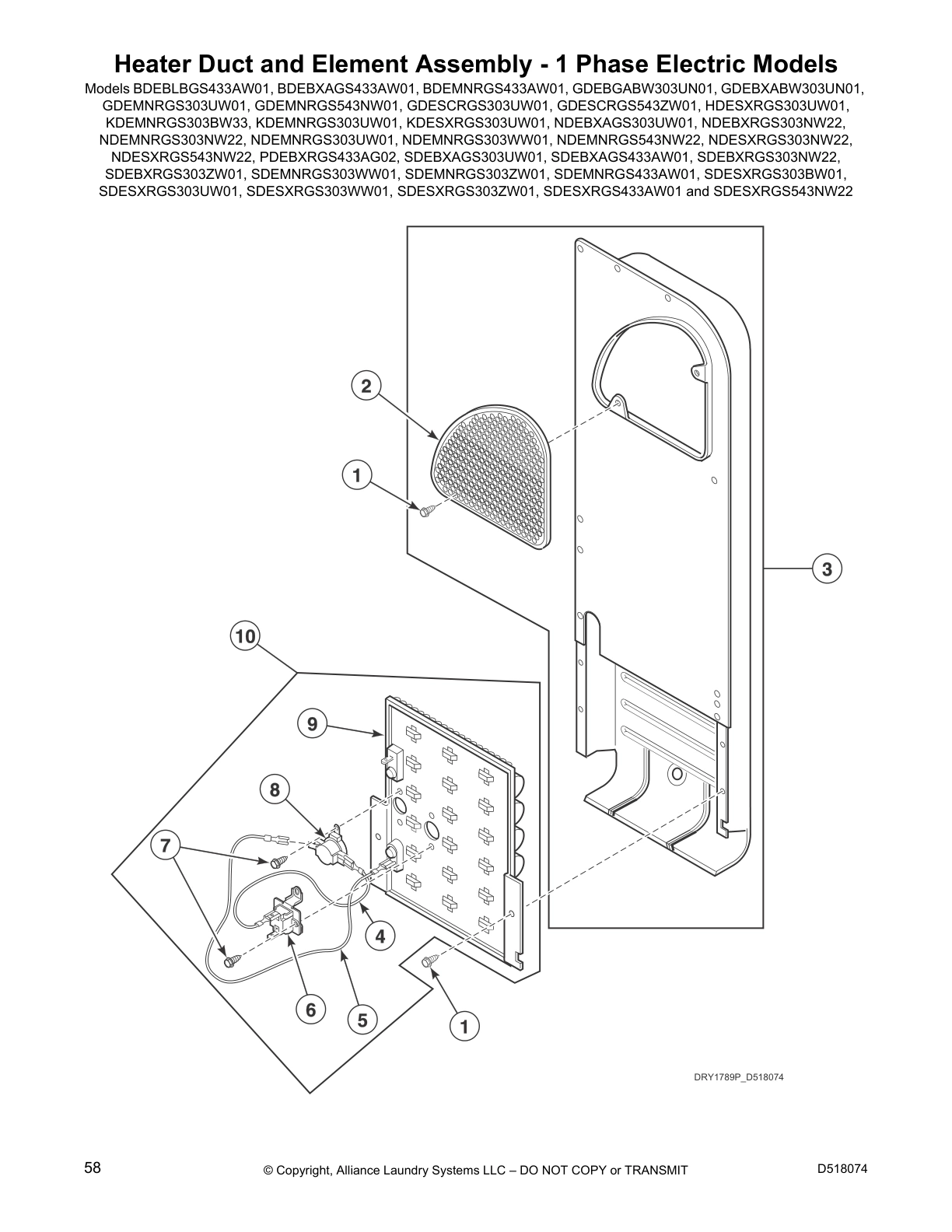 Heater Duct and Element Assembly - 1 Phase Electric Models