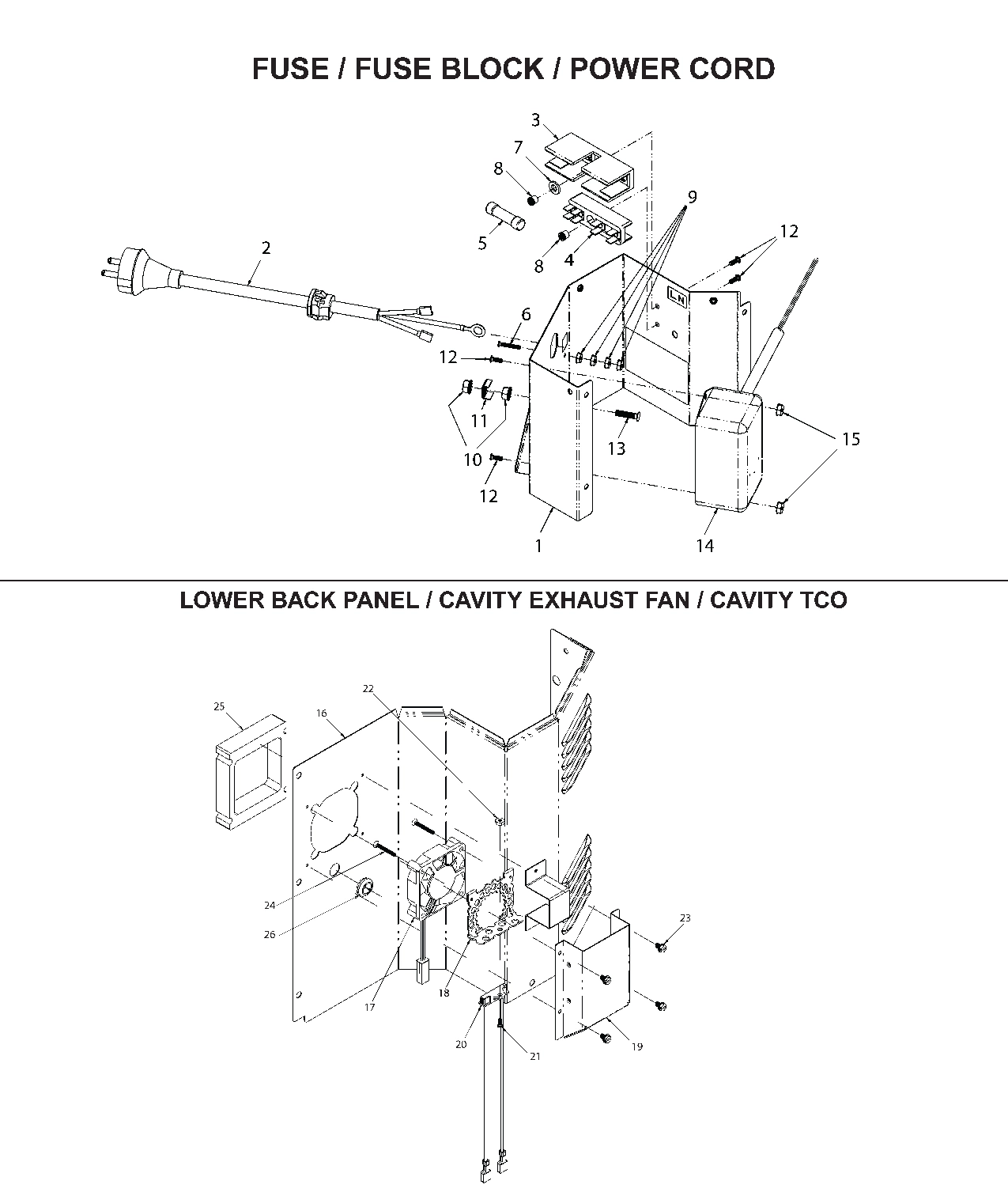 Fuse / Fuse Block / Power Cord /Lower Back Panel / Cavity Exhaust Fan / Cavity TCO