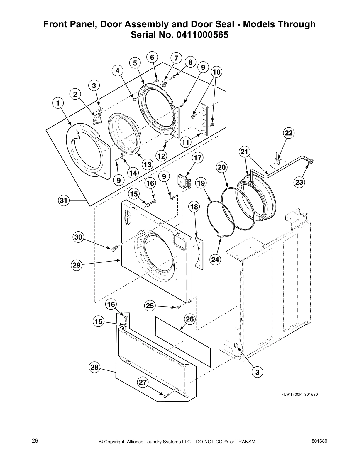 Front Panel, Door Assembly and Door Seal - Models Through 
Serial No. 0411000565
