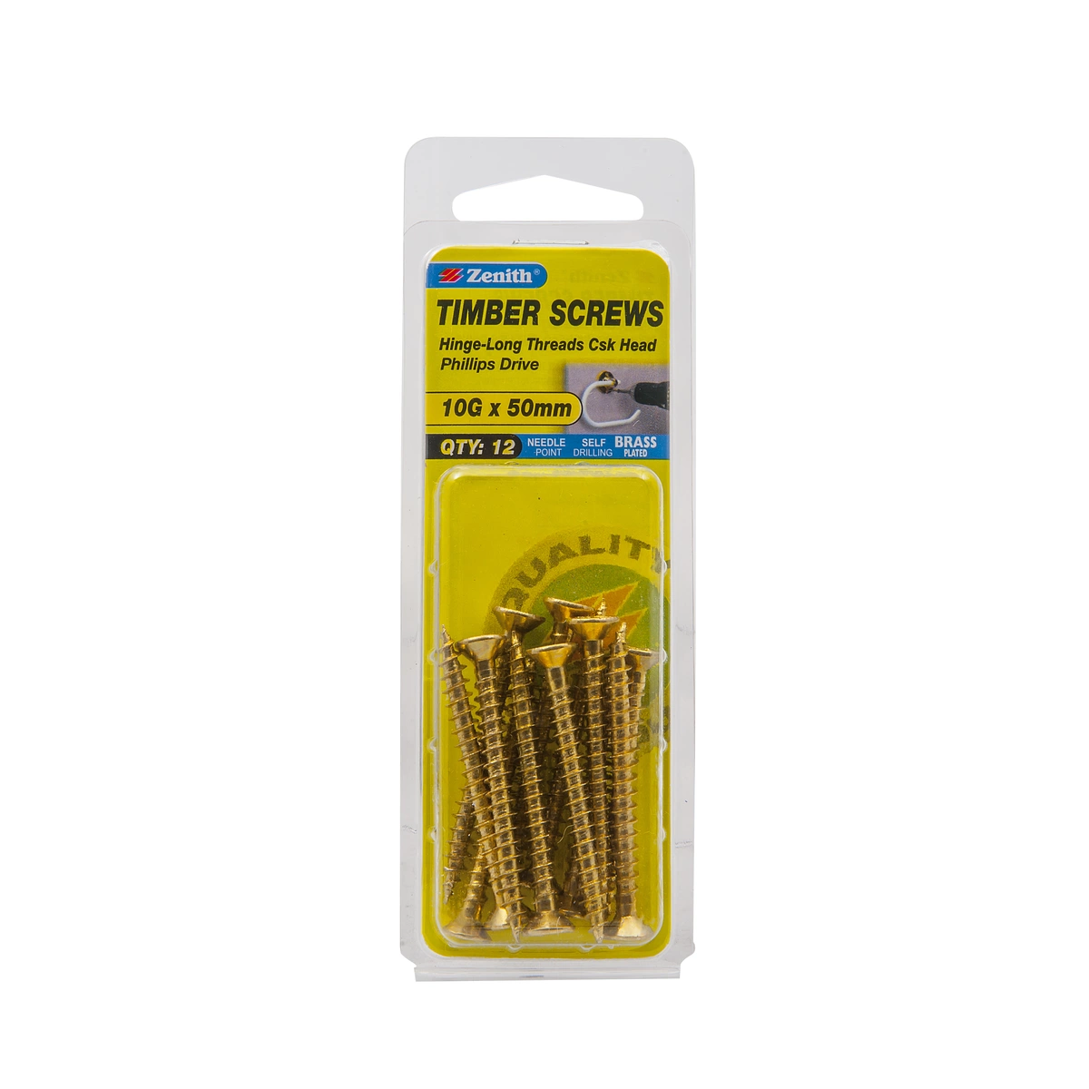 ZENITH® 10G x 50mm Brass Plated, Phillips Drive, Timber Screws – Internal Use – 12 Pack