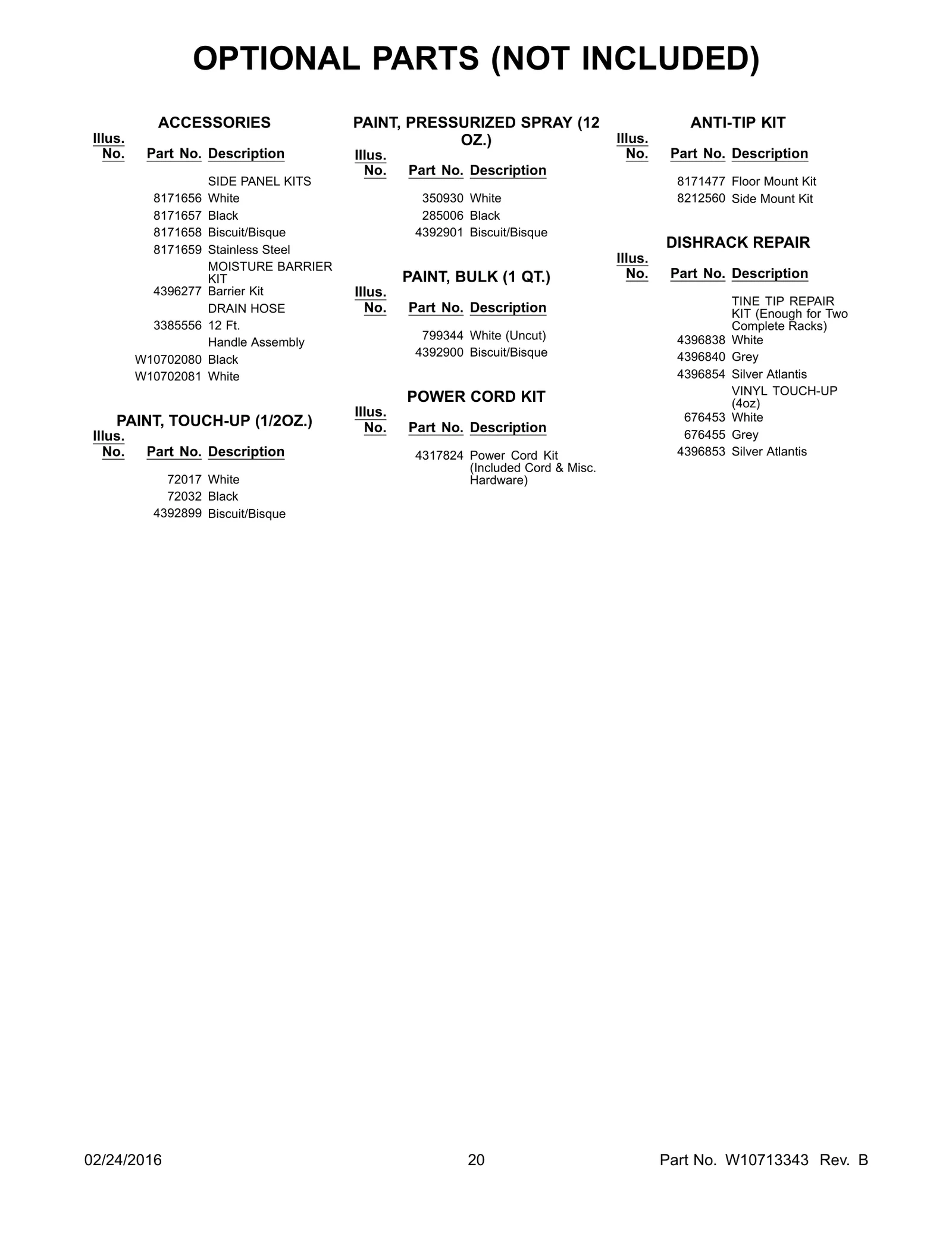 OPTIONAL PARTS (NOT INCLUDED)