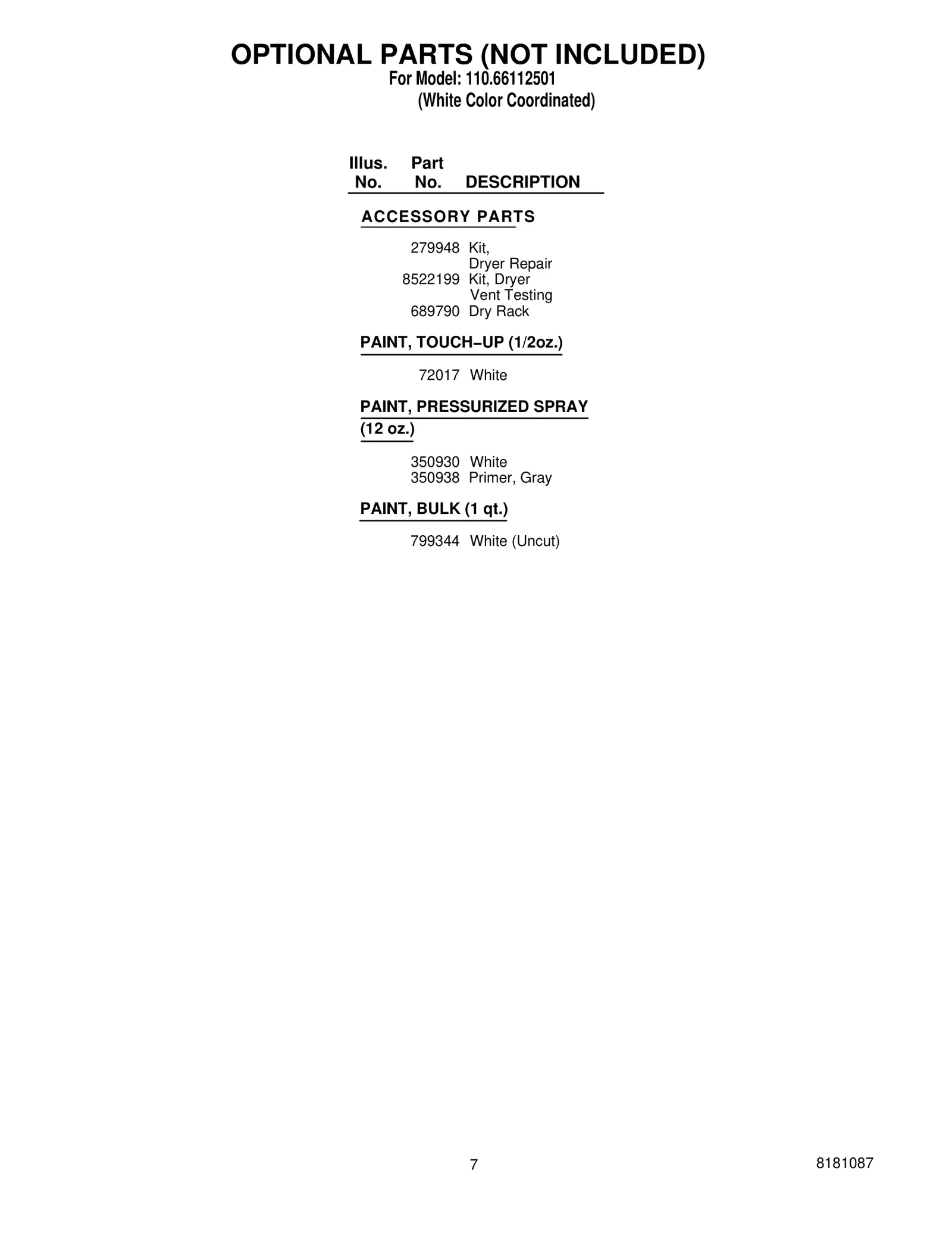 OPTIONAL PARTS (NOT INCLUDED)