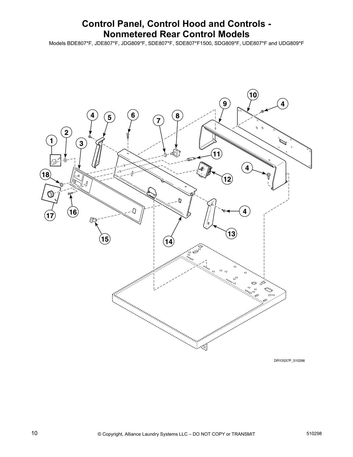 Control Panel, Control Hood and Controls - 
Nonmetered Rear Control Models