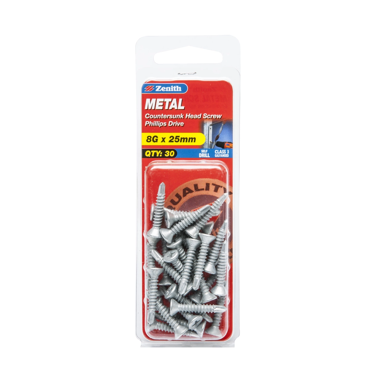 ZENITH® 8G x 25mm Class 3 Galvanised, Self Drilling, Phillips Drive, Metal Screws – External Use – 30 Pack