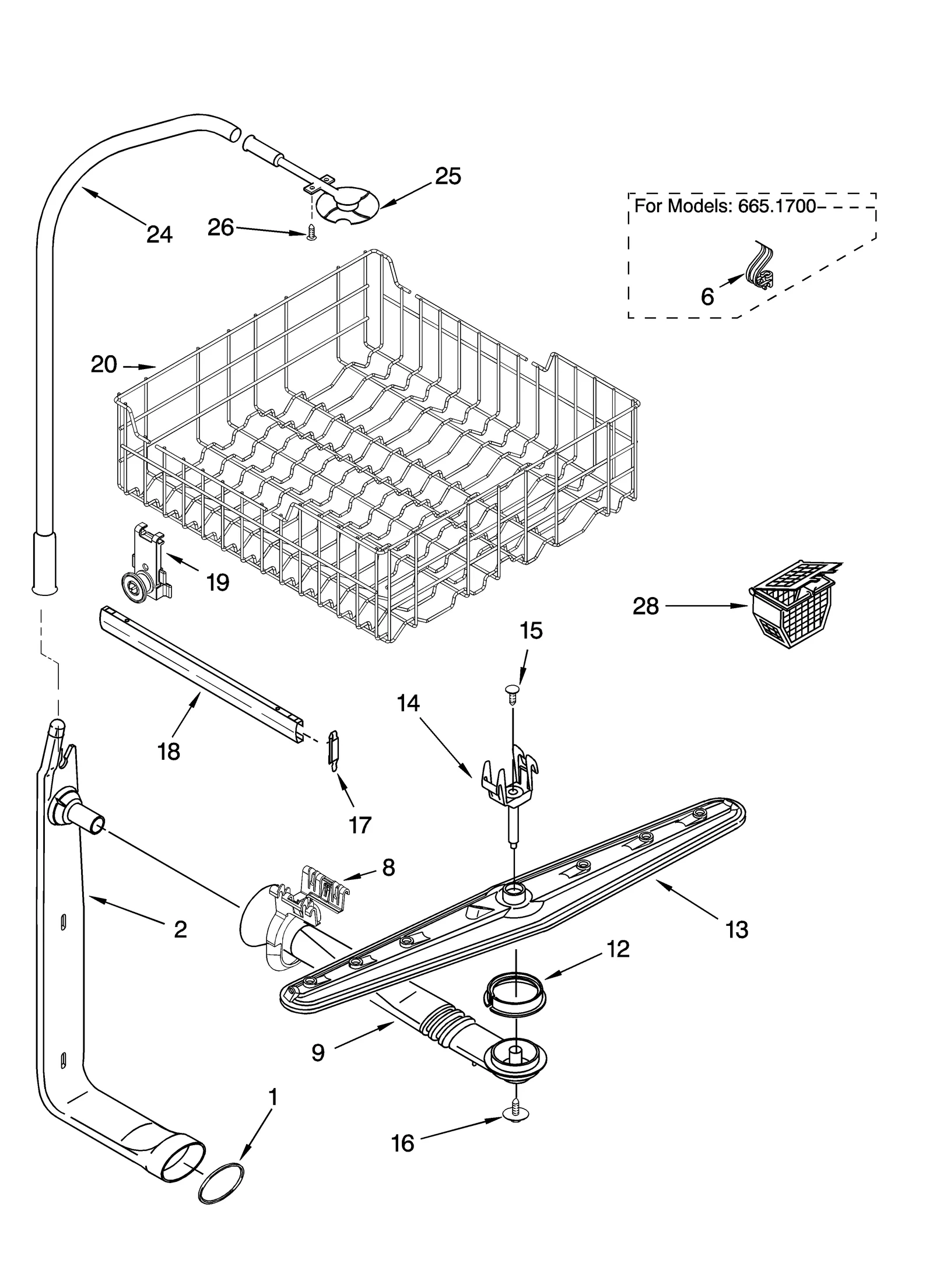 UPPER DISHRACK AND WATER FEED PARTS