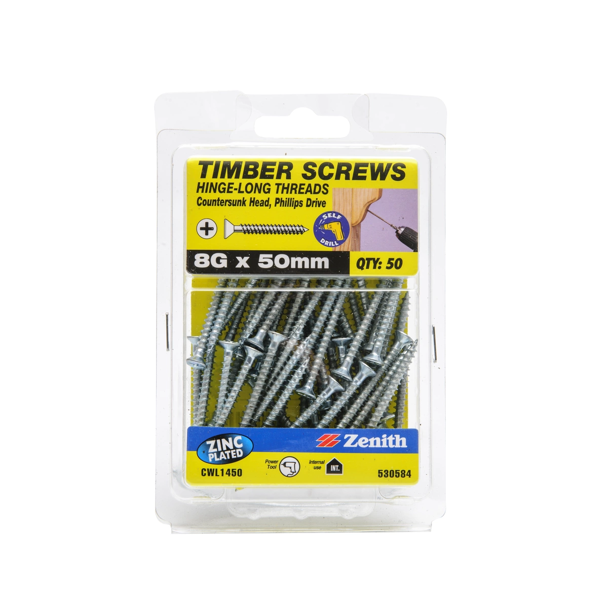 ZENITH® 8G x 50mm Zinc Plated, Phillips Drive, Timber Screws – Internal Use – 50 Pack