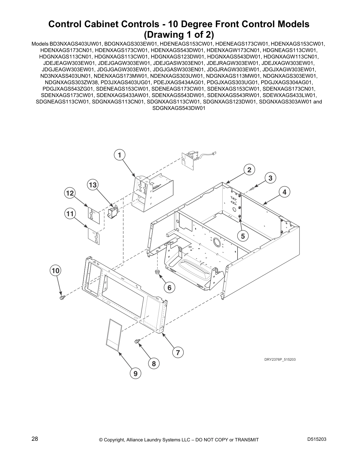 Control Cabinet Controls - 10 Degree Front Control Models
(Drawing 1 of 2)