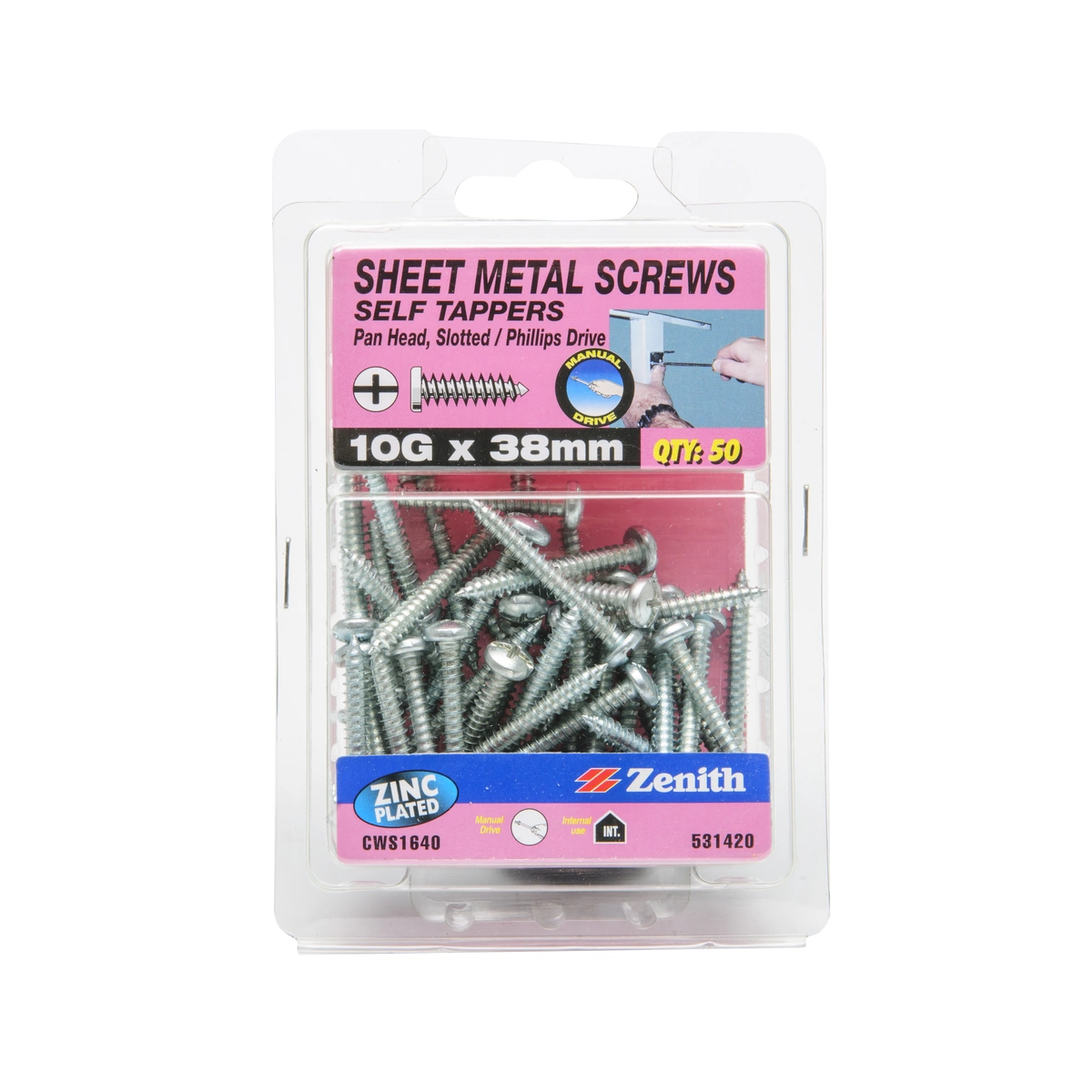 ZENITH® 10G x 38mm Zinc Plated, Self Tapping, Combination Drive, Sheet Metal Screws – Internal Use – 50 Pack