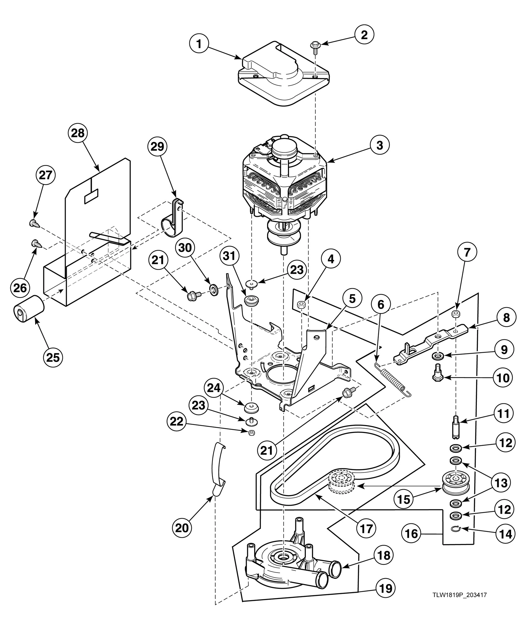 Motor, Mounting Bracket, Belt, Pump and Idler Assembly