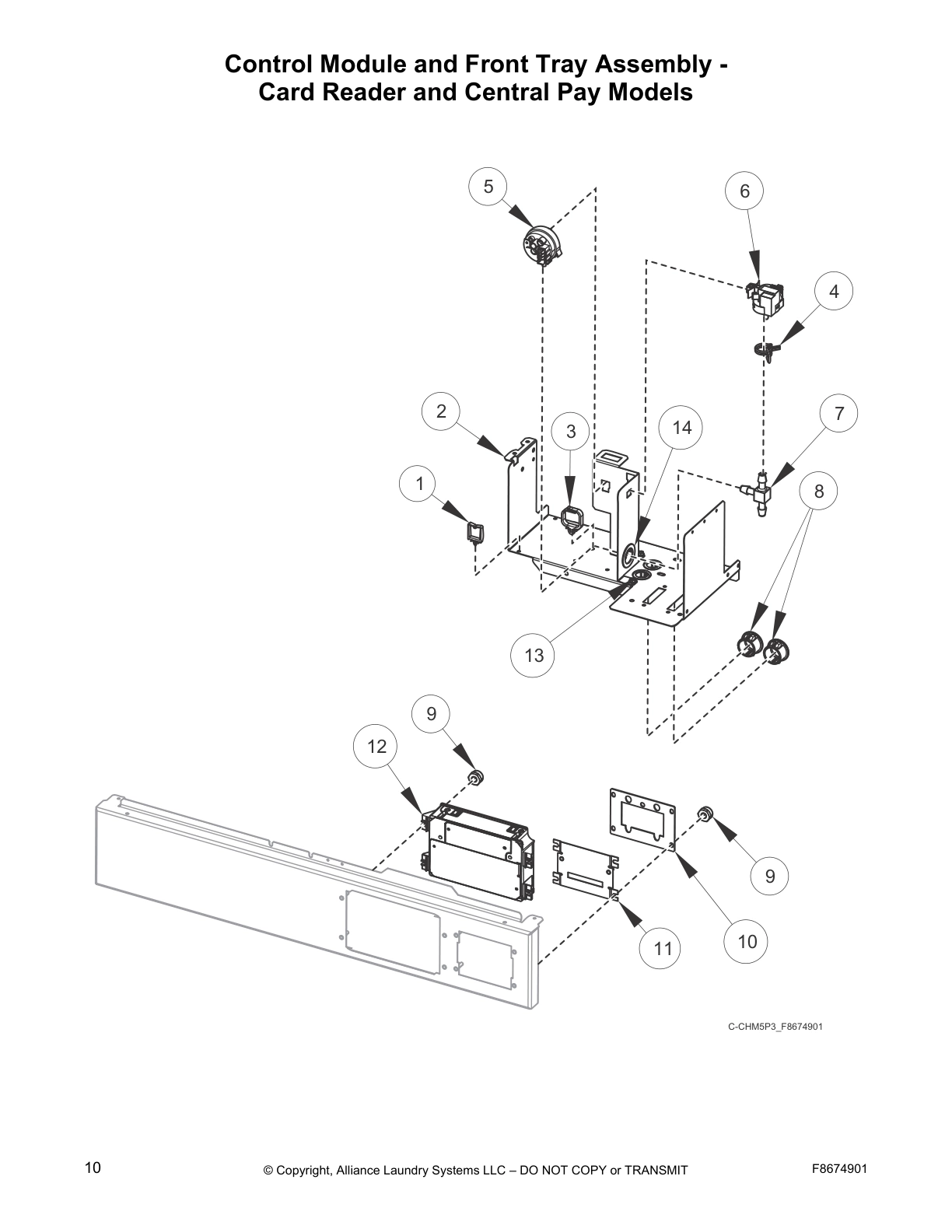 Control Module and Front Tray Assembly - 
Card Reader and Central Pay Models