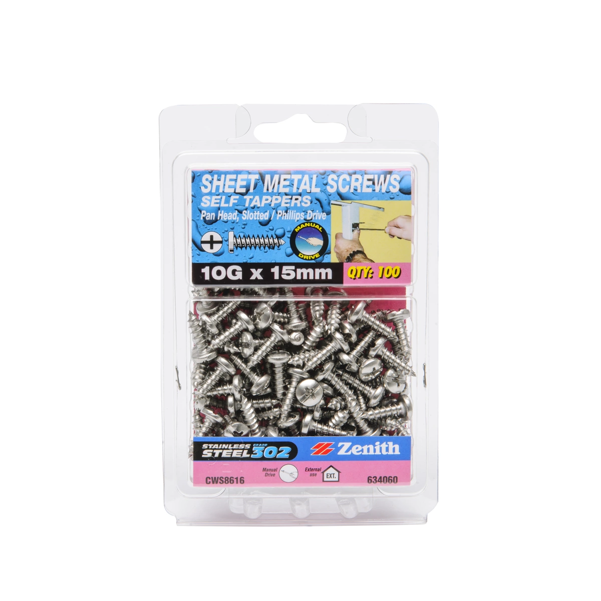 ZENITH® 10G x 15mm 304 Stainless Steel, Self Tapping, Combination Drive, Sheet Metal Screws – External Use – 100 Pack