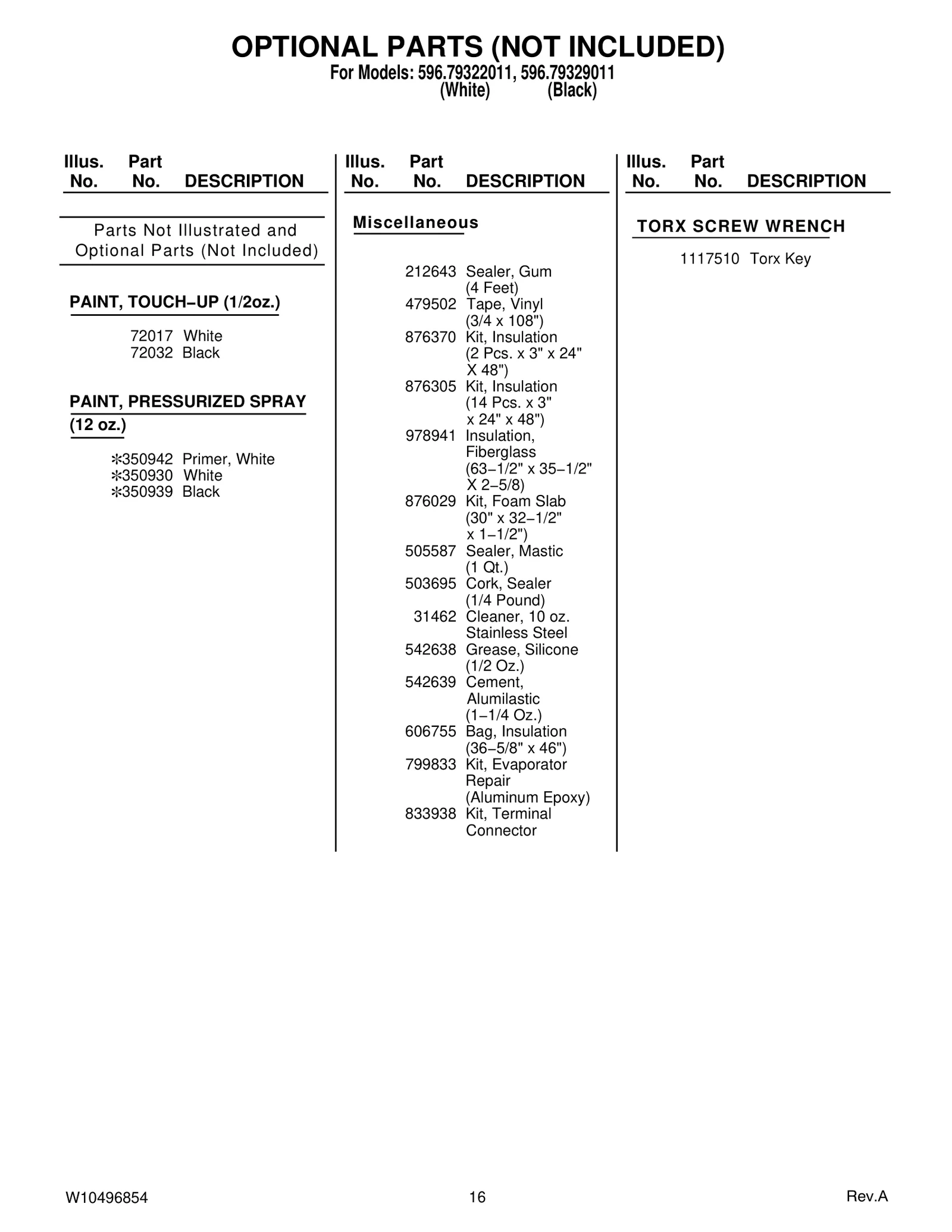 OPTIONAL PARTS (NOT INCLUDED)