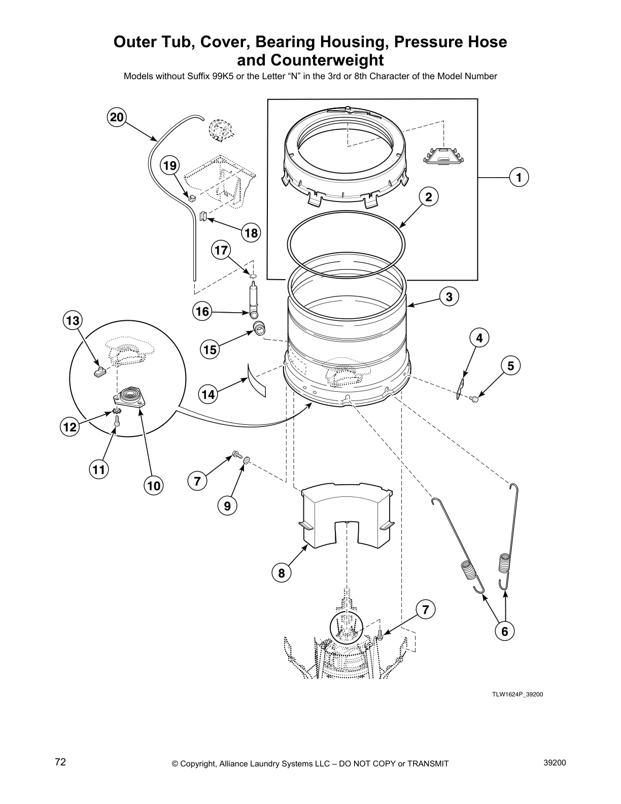 Outer Tub, Cover, Bearing Housing, Pressure Hose
and Counterweight