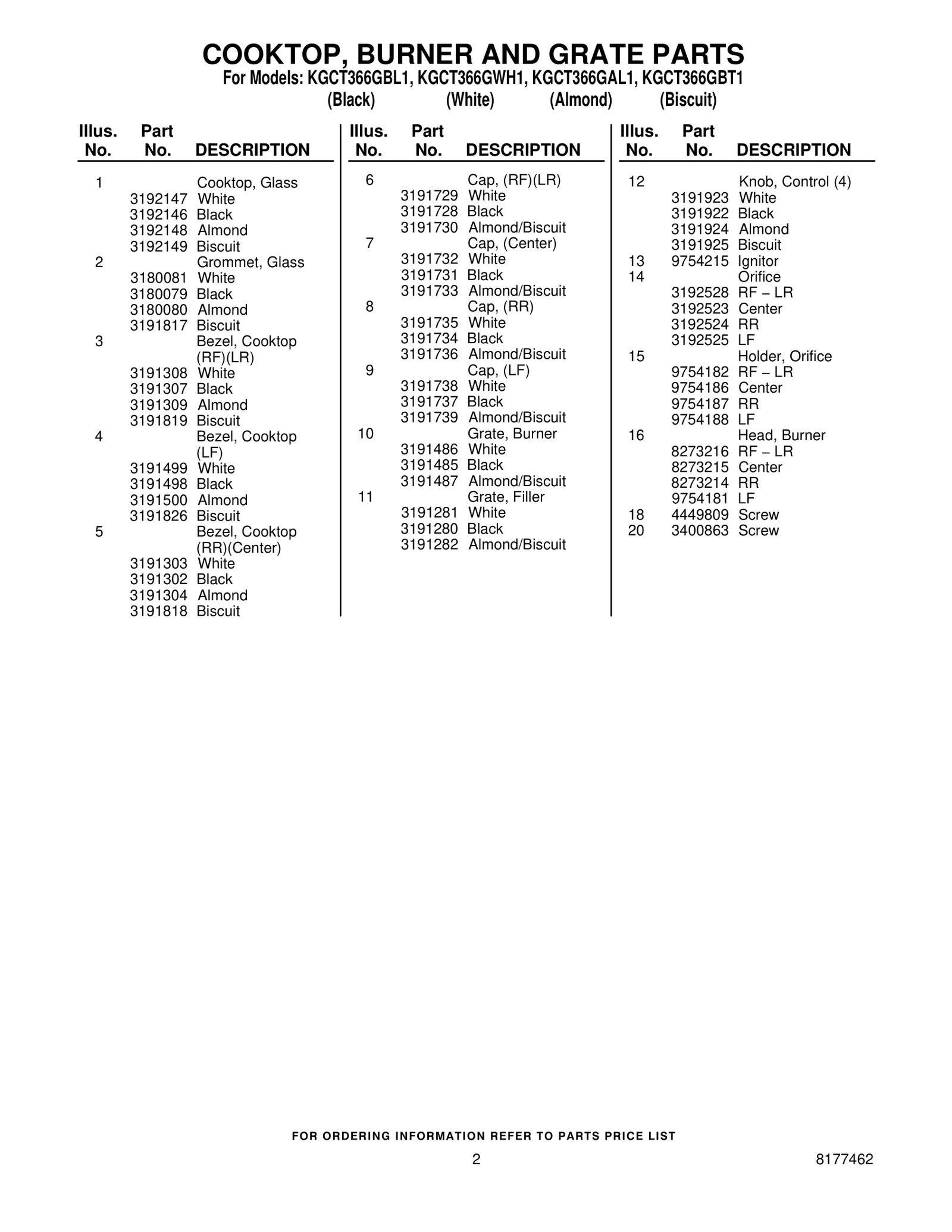 COOKTOP, BURNER AND GRATE PARTS