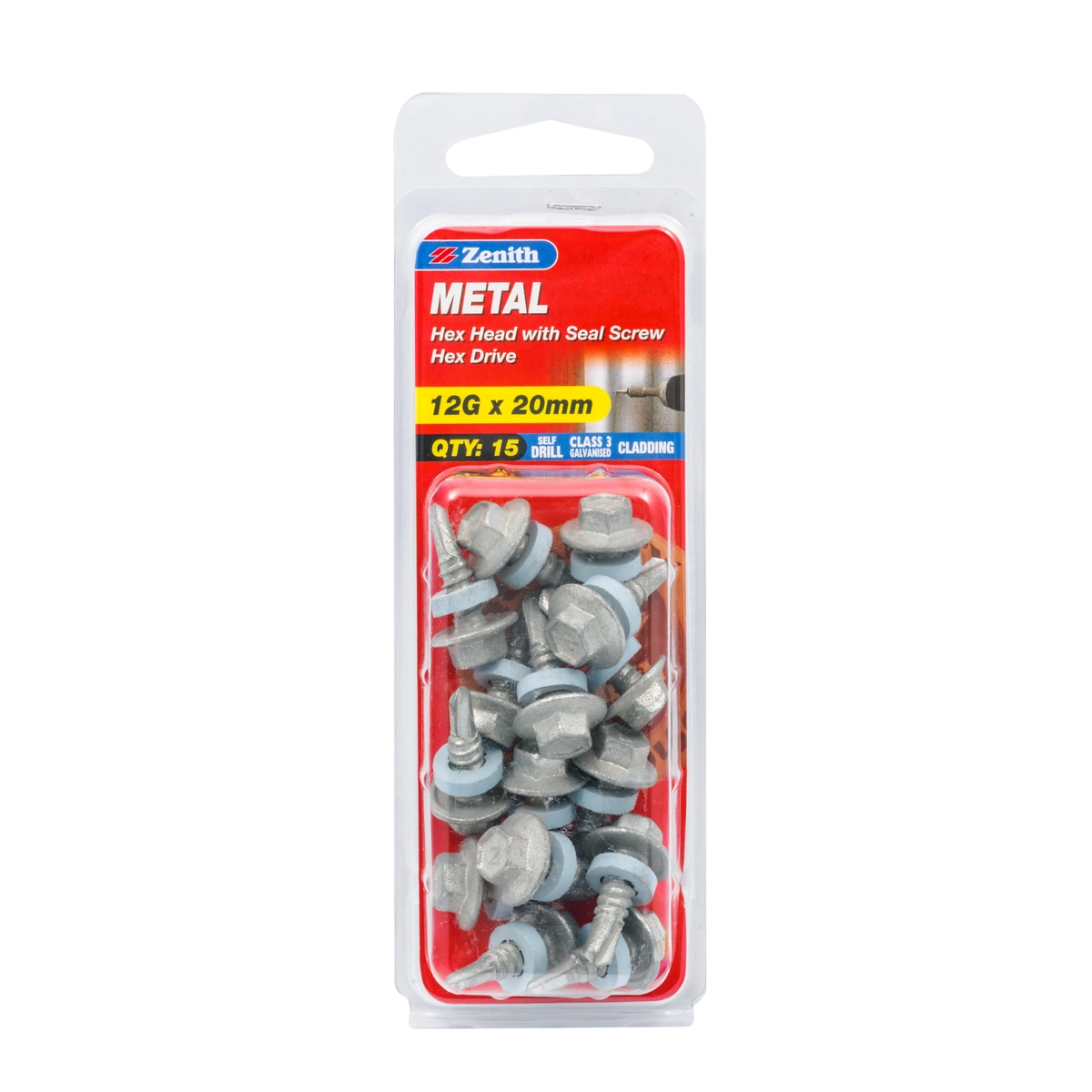 ZENITH® 12G x 20mm Class 3 Galvanised, Self Drilling, External Hex Drive, Cladding & Roofing Screws with Seal – External Use – 15 Pack